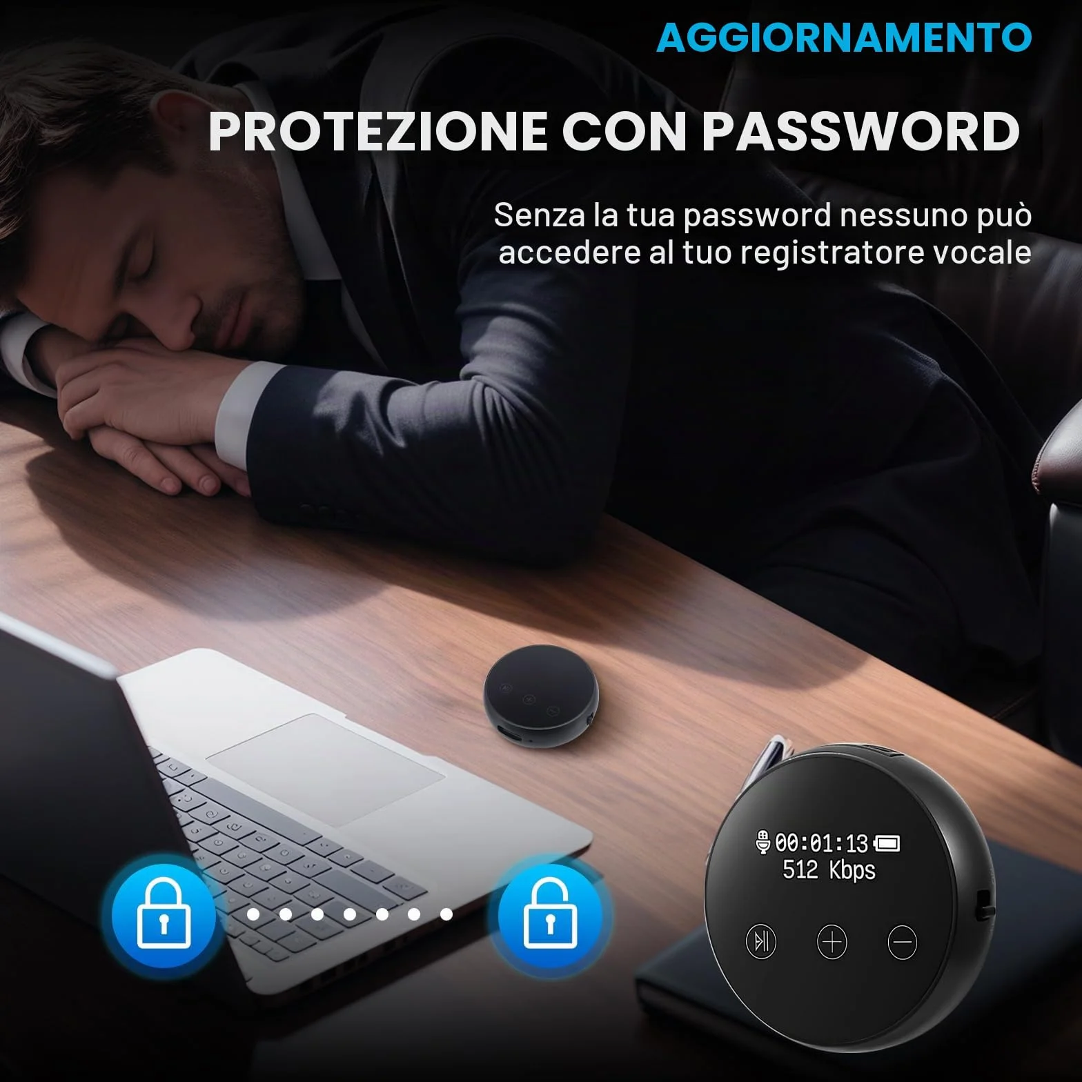 Dittafono digitale, 64 GB, 3072 Kbps, attivazione vocale, riduzione del rumore, ricarica USB, magnetico
