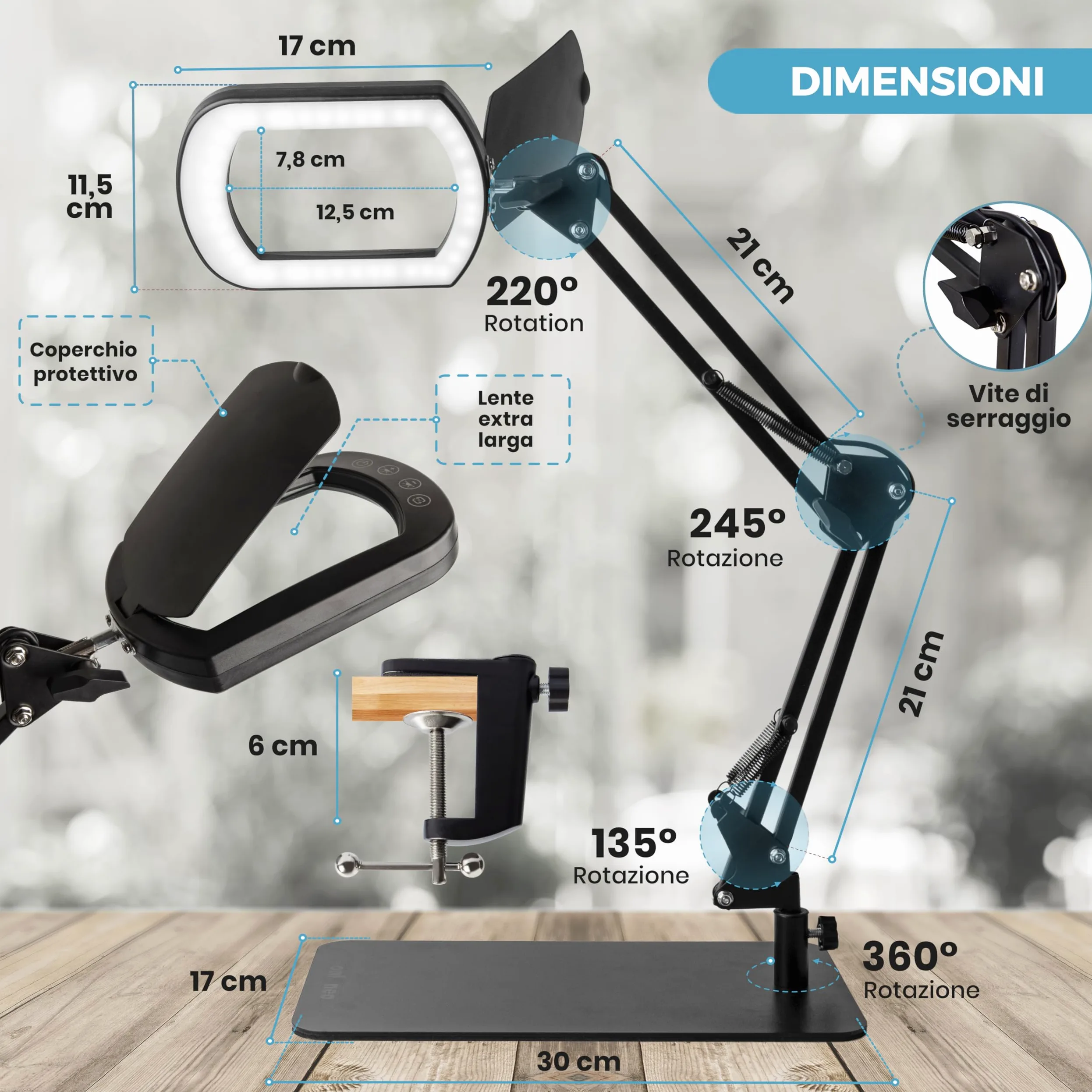 Lampada con Lente Ingrandimento 10X LED Rettangolare Morsetto Base | In vero vetro ottico e robusta struttura in metallo. Per modellismo, lettura, ricamo, estetista, pittura miniature e cucito.