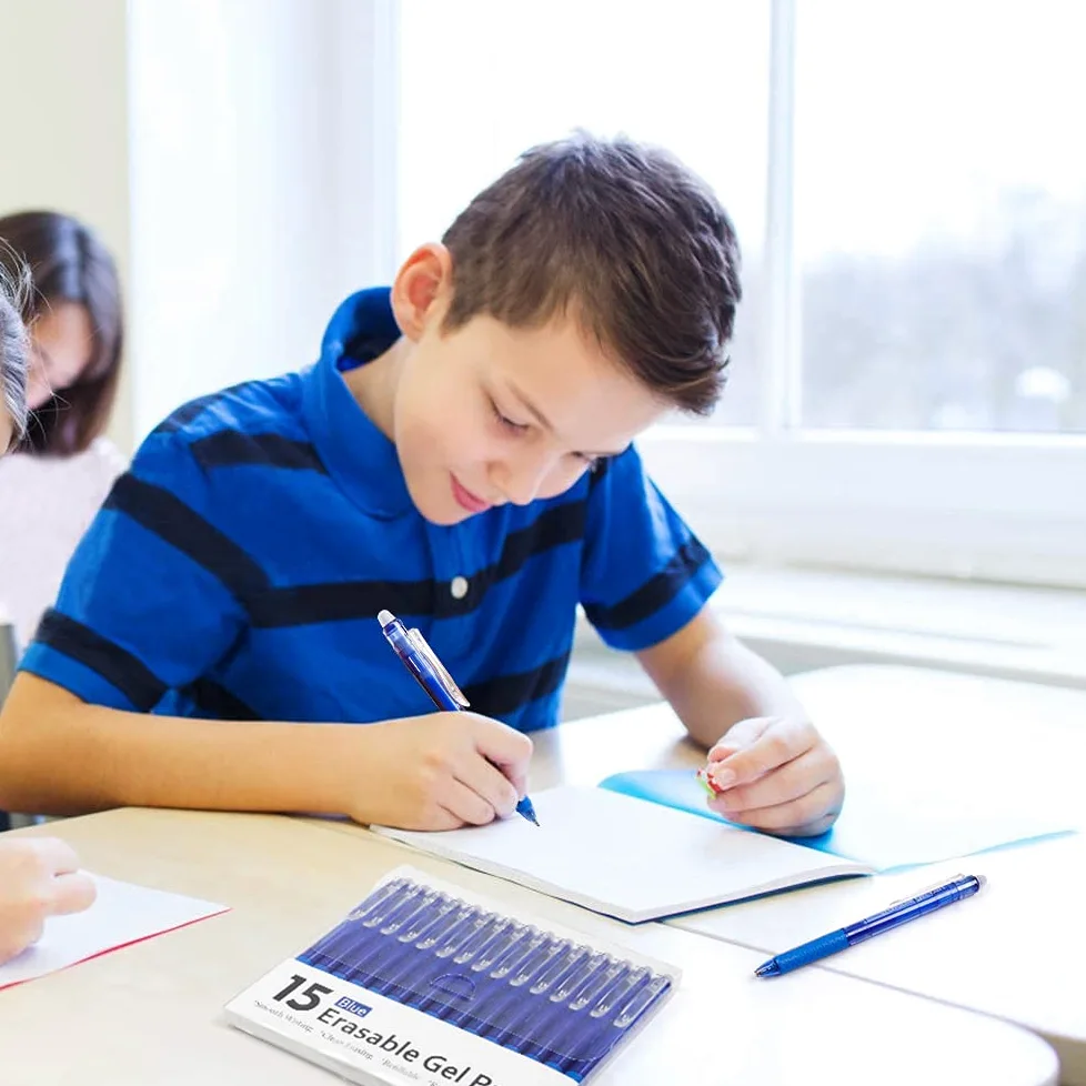 Lineon - Penne gel cancellabili, confezione da 15 penne retrattili cancellabili, punta fine, per far scomparire gli errori, inchiostro blu per pianificare scrittura e cruciverba