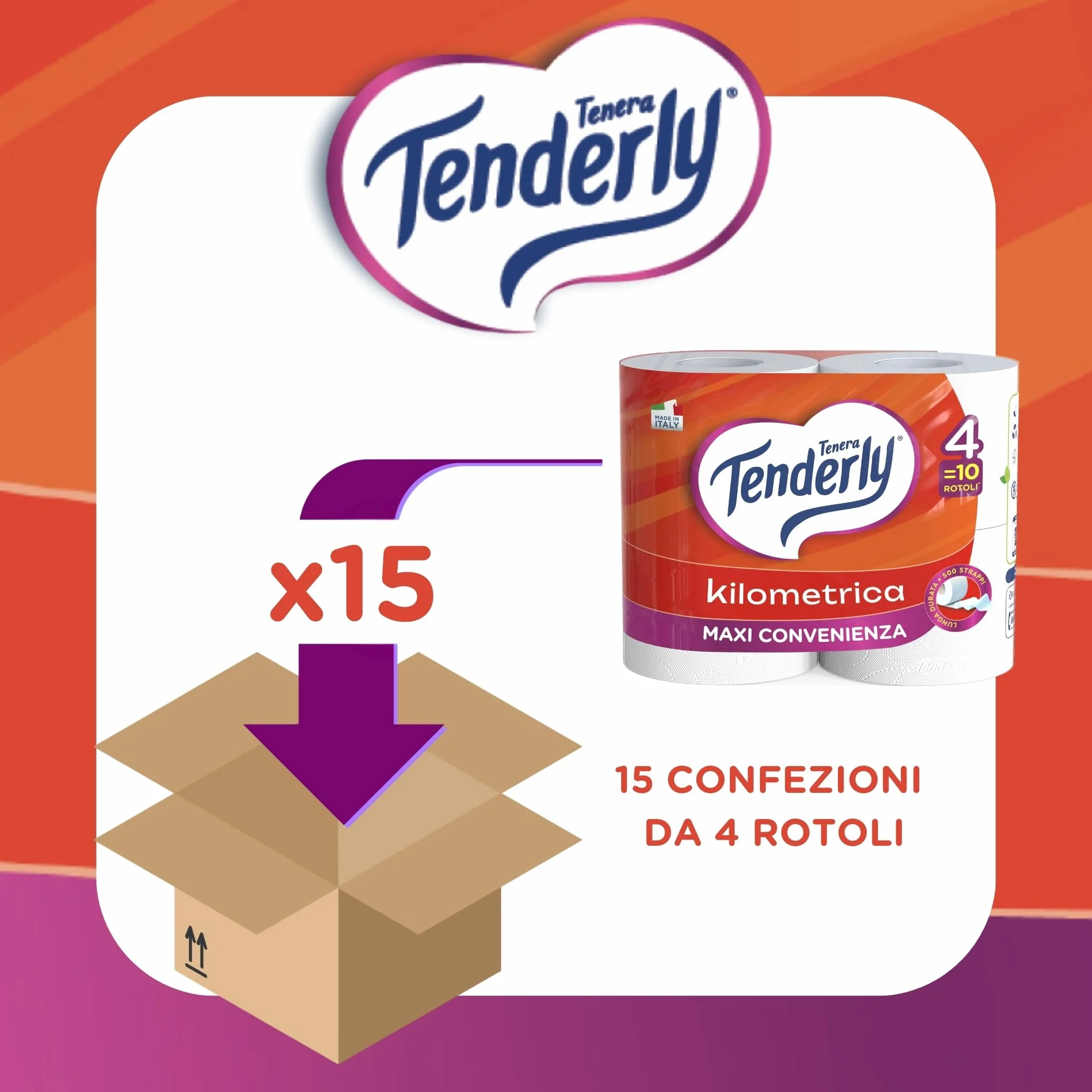 Tenderly Kilometrica, 60 Rotoli di Carta Igienica (15 conf. da 4 rotoli), 2 Veli, 500 Strappi per Rotolo, Dermatologicamente Testato, Made in Italy