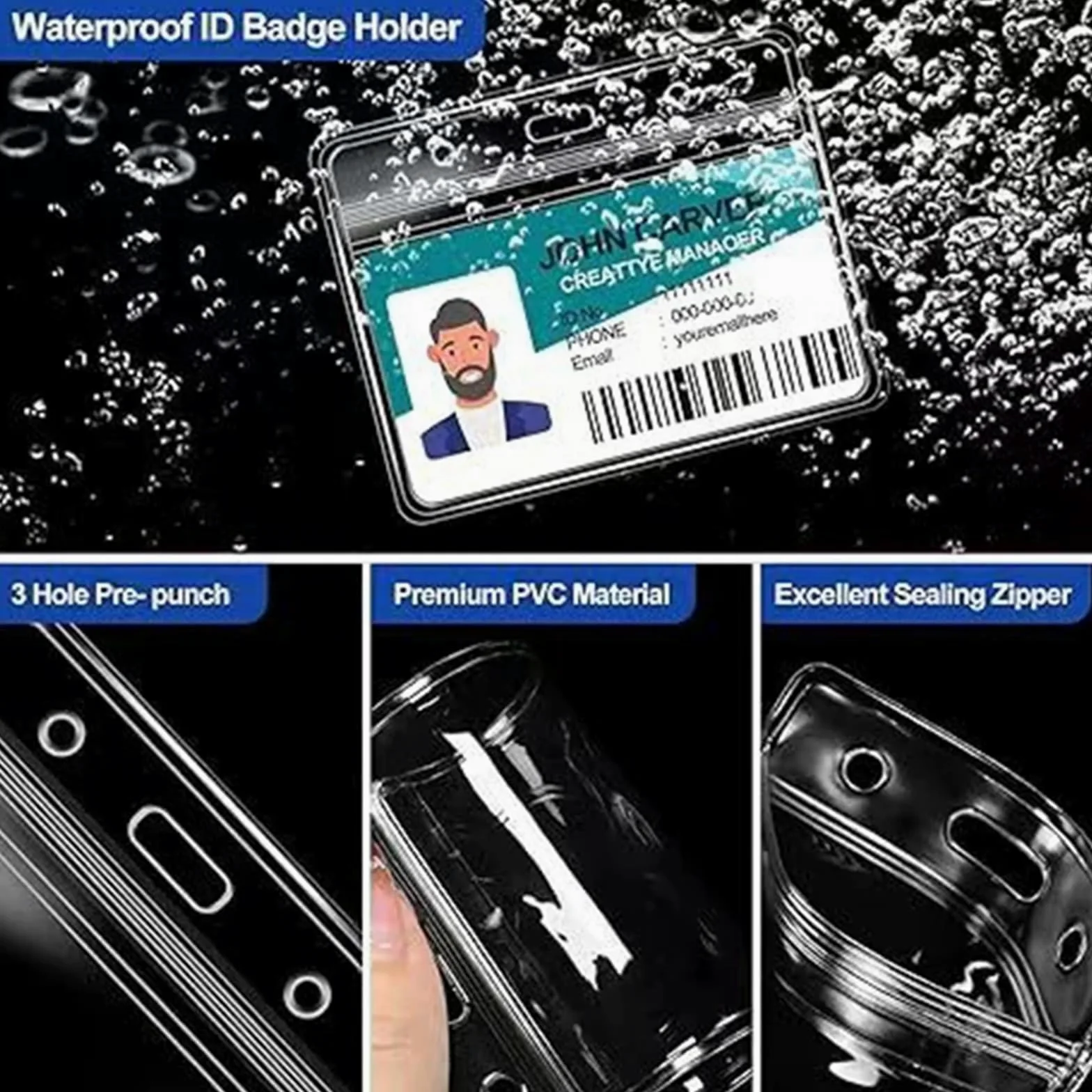 Porta badge, 50 pezzi, trasparente, con clip in metallo, per badge identificativi, badge, badge e carte di lavoro, impermeabile, per studenti, carte di credito