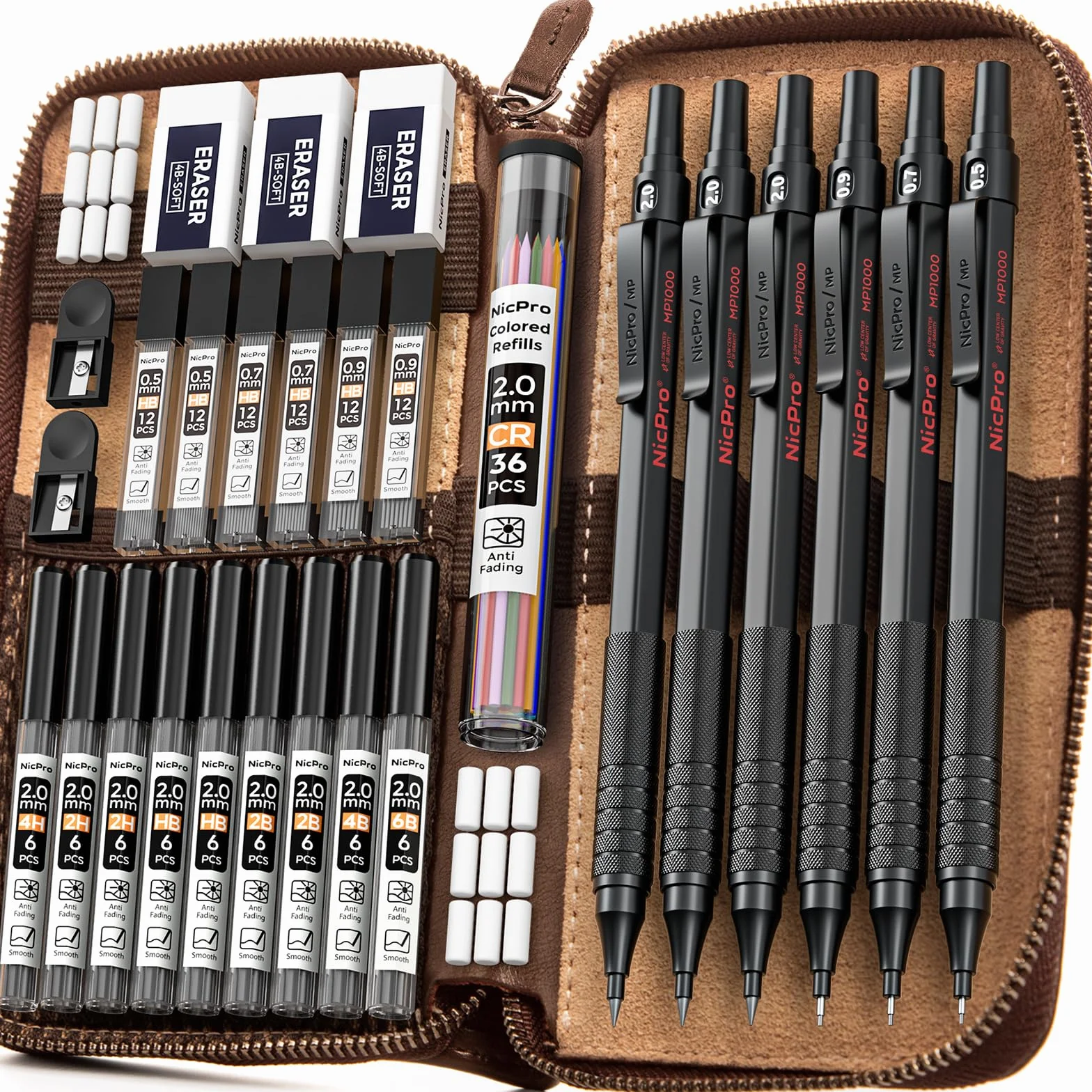 Nicpro 30 Pezzi Matite Meccaniche 0,5 0,7 0,9 mm 2 mm con Custodia in Pelle e Ricariche per Disegno