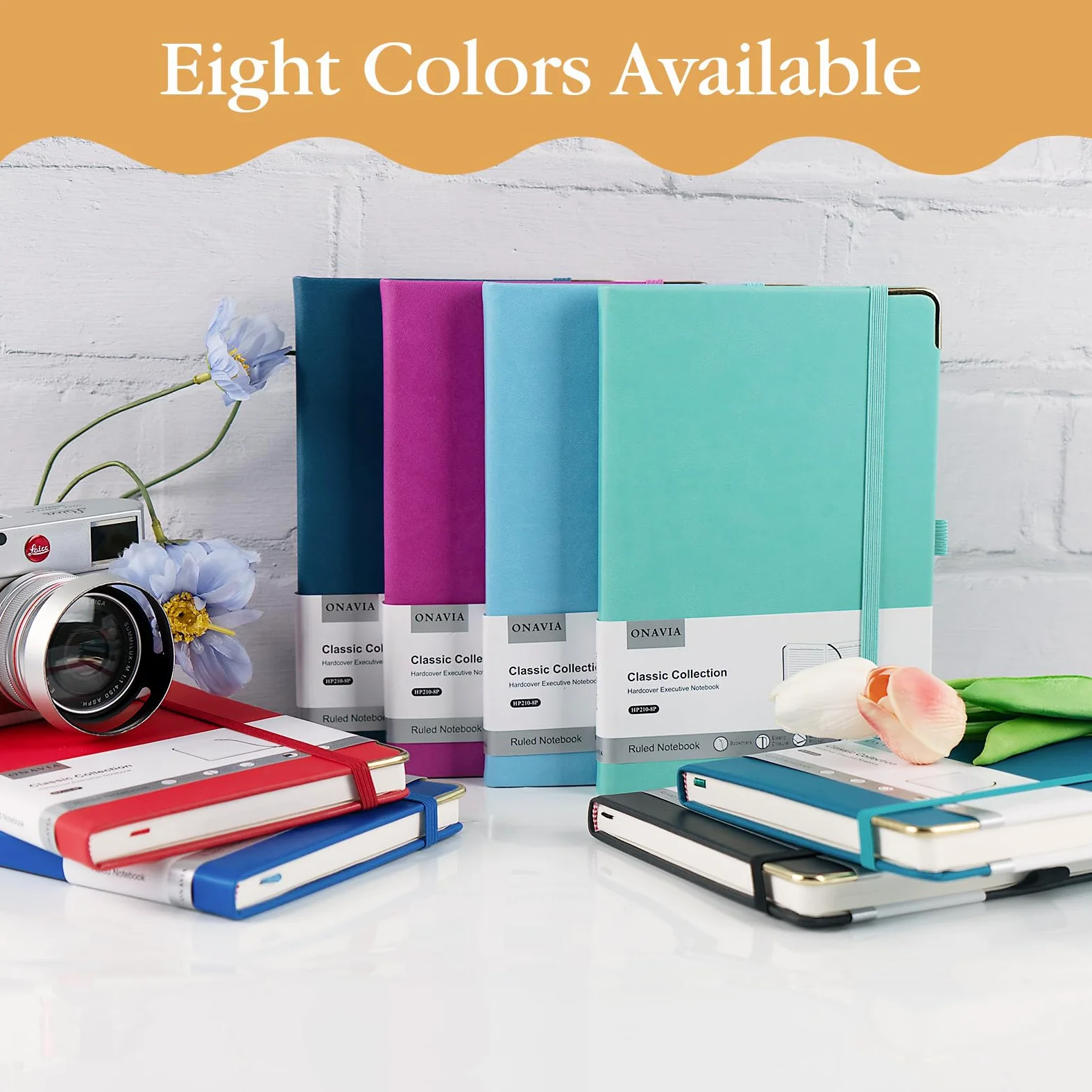 ONAVIA Taccuino a Righe A5 Copertina Rigida, 160 Pagine, Set 8 Colori | 14 x 21 cm, 100 g/m², Classico Quaderno Appunti di Linea, Tasca Interna, Chiusura ad Elastico, Portapenne