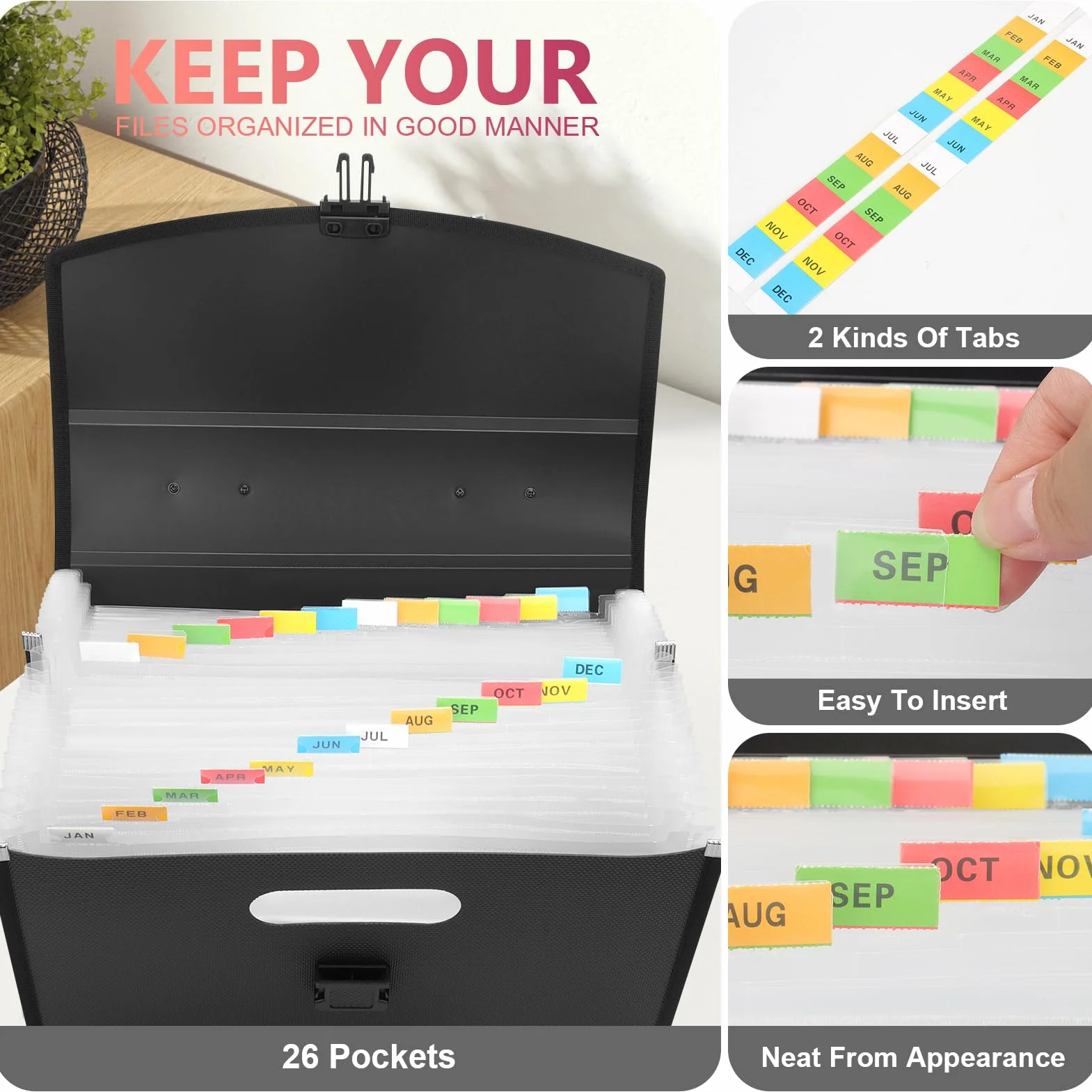 Uquelic 26 Tasche Upgrated Cartella Portadocumenti A4 Espandibile con Manico Espansione cartella dei file Cartelle a Soffietto, Plastica, Fisarmonica, Portariviste, Archiviare, Grande