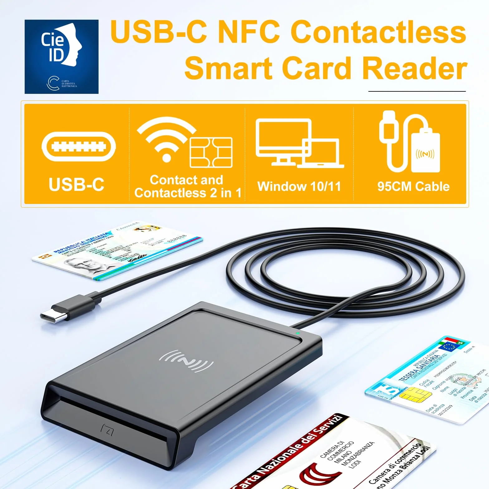 USB C Lettore CIE 3.0 Carta d'identità Elettronica e Tessera Sanitaria Italiana,Lettore Smart Card Firma Digitale Lettore Smart contatto e contactless CIE/CRS/CNS,Lettore NFC per Windows 10 11 Linux