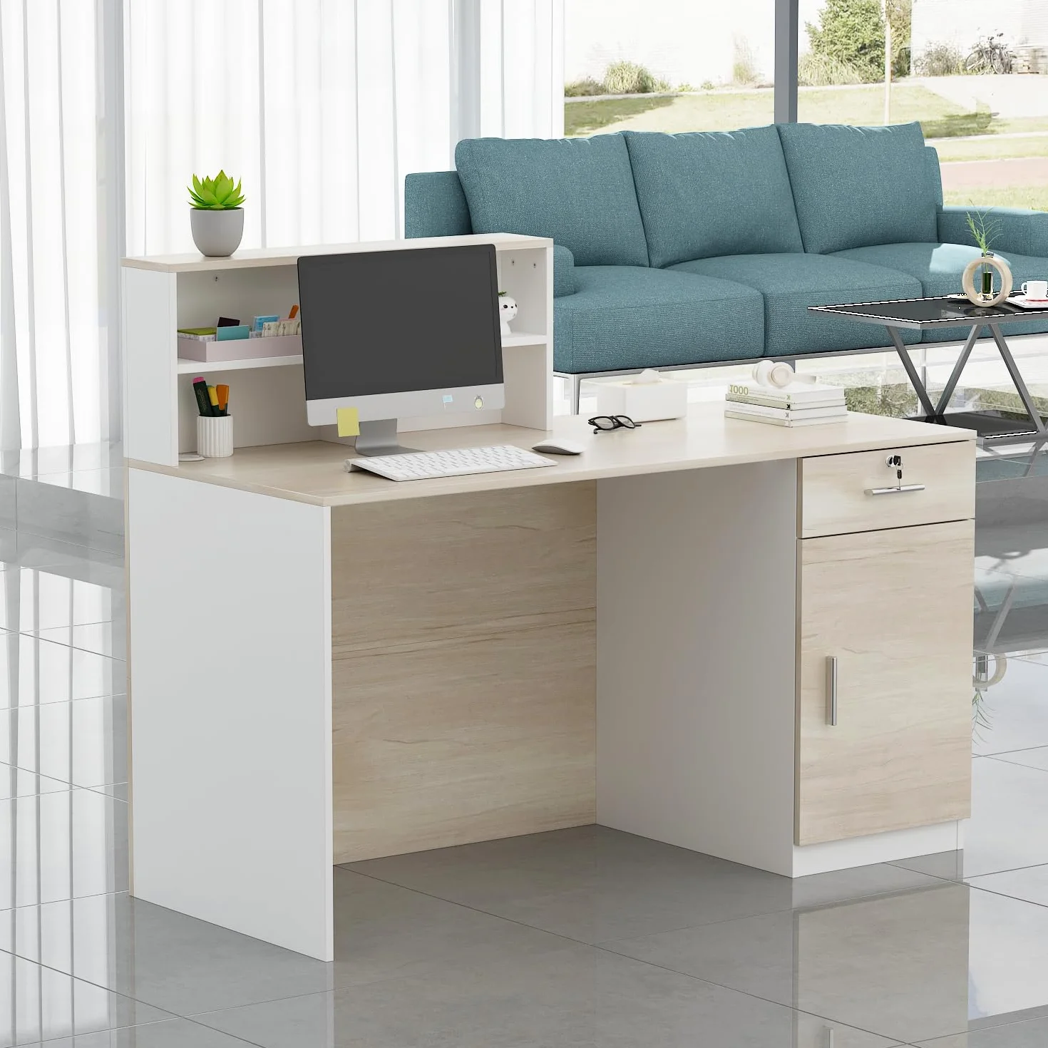 Banco della reception, grande bancone della reception, cassette con scomparti aperti, reception, banconi della reception, mobili da ufficio, colore legno e bianco, 140 x 60 x 110 cm, MDF