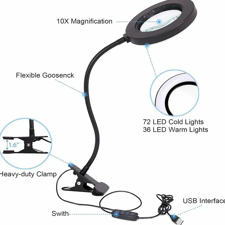 Lente d'ingrandimento 10x con 3 modalità di colore, lampada da scrivania illuminata a LED con morsetto in metallo, lente d'ingrandimento flessibile a collo d'oca per lettura nail art (nero) nero