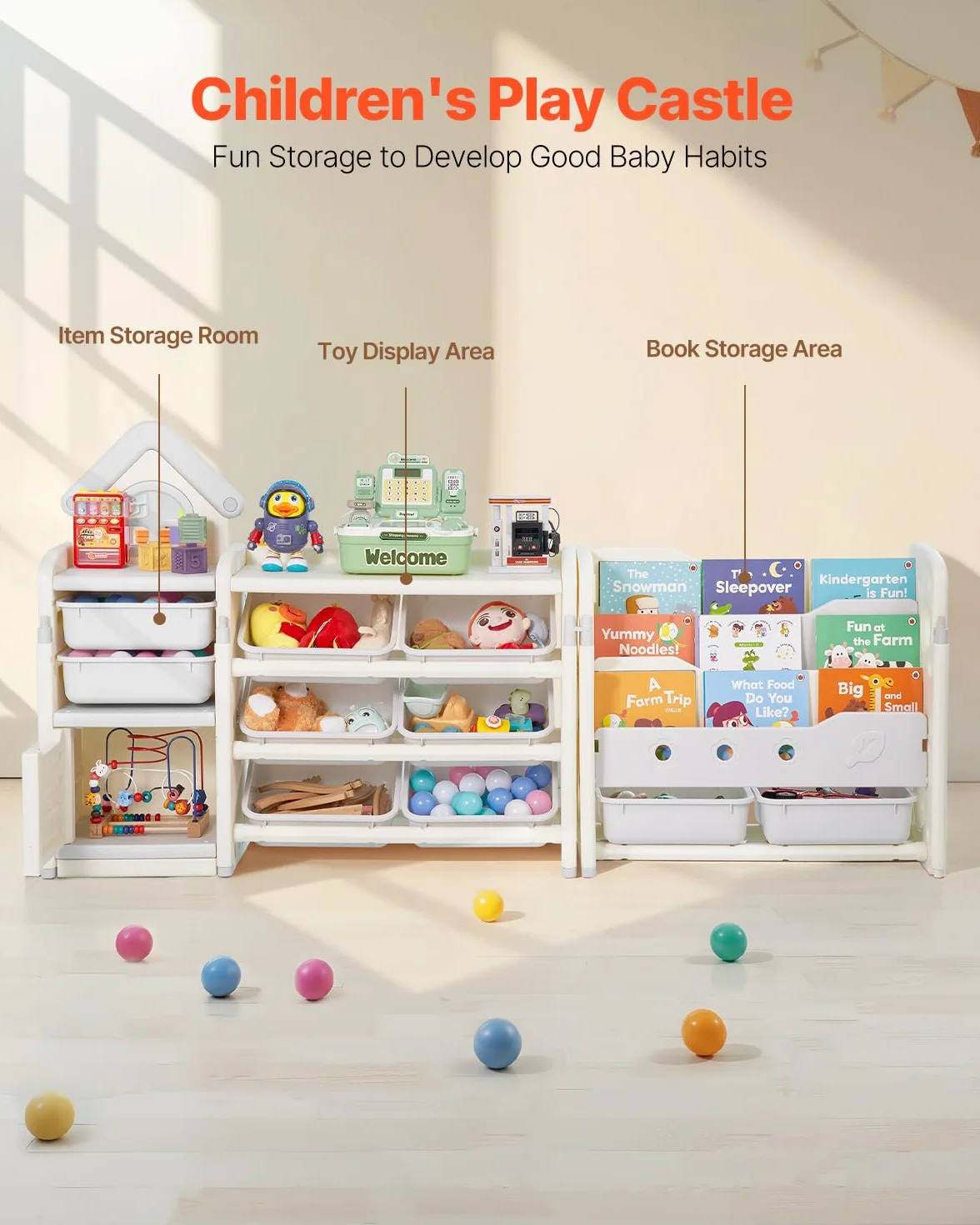 VEVOR Scaffale per Giocattoli in HDPE, Organizzatore per Giocattoli Multifunzionale a 4 Ripiani con 10 Contenitori in Plastica Flessibile, per Camera da Letto e Cameretta dei Bambini, Grigio e Beige