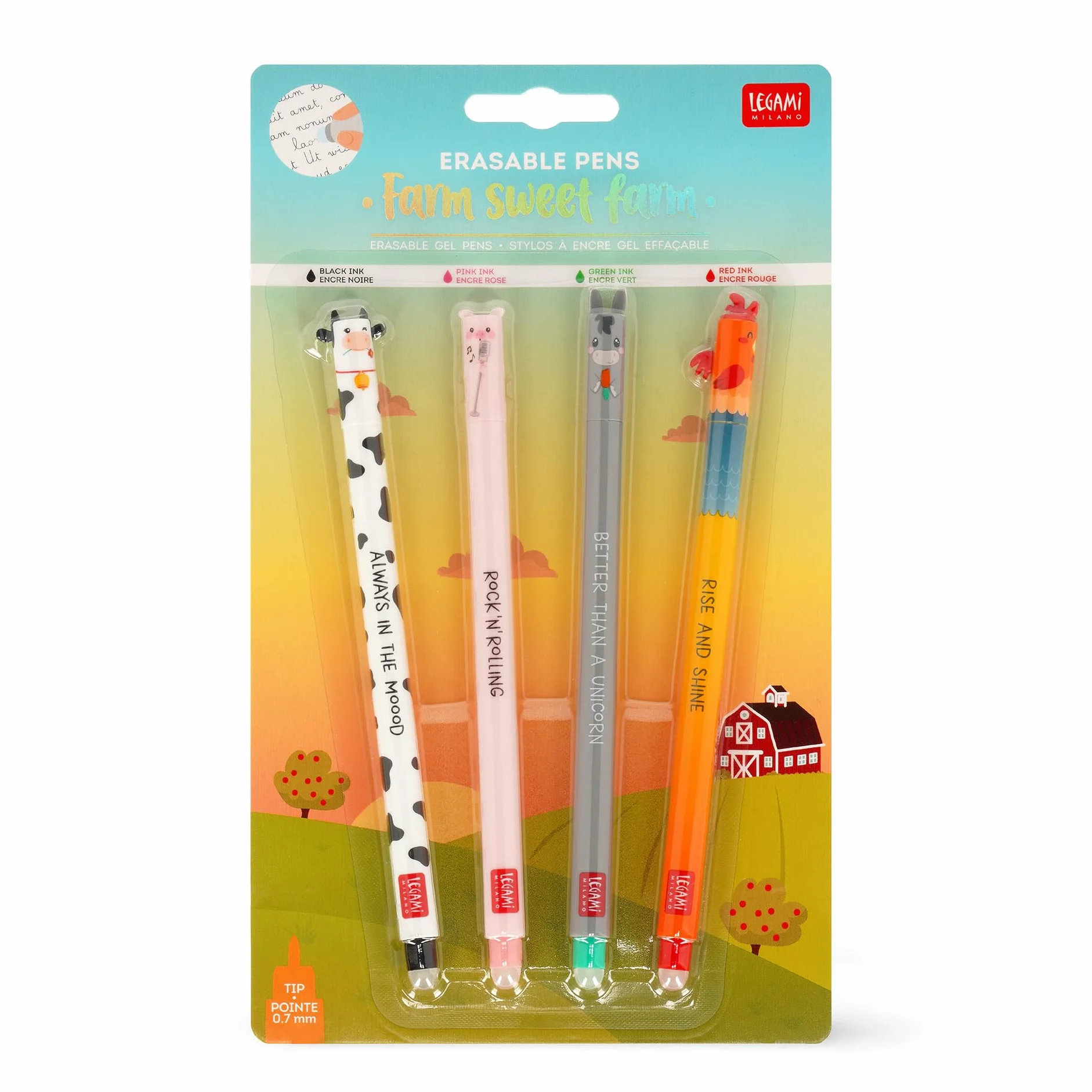 Legami Set di 4 Penne Gel Cancellabili Farm Sweet Farm, Inchiostro Termosensibile, Nero Rosa Verde Rosso, Punta 0,7 mm