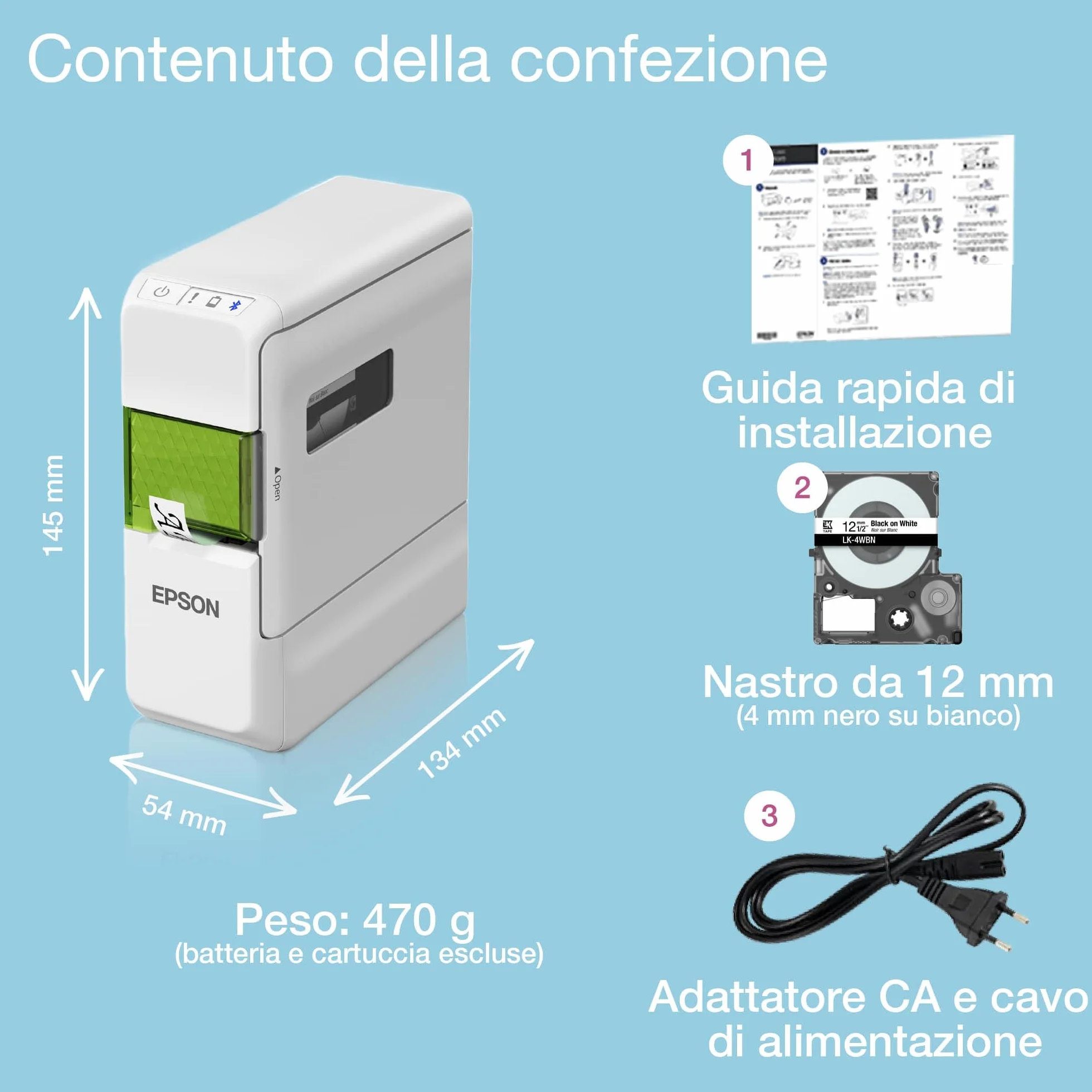 Epson LabelWorks LW-C410 Stampante per etichette, Etichettatrice Tecnologia Trasferimento termico, Velocità stampa 9 mm/sec, Larghezza Nastro da 4 a 18 mm 180 DPI, Collegamento PC con Bluetooth,bianco