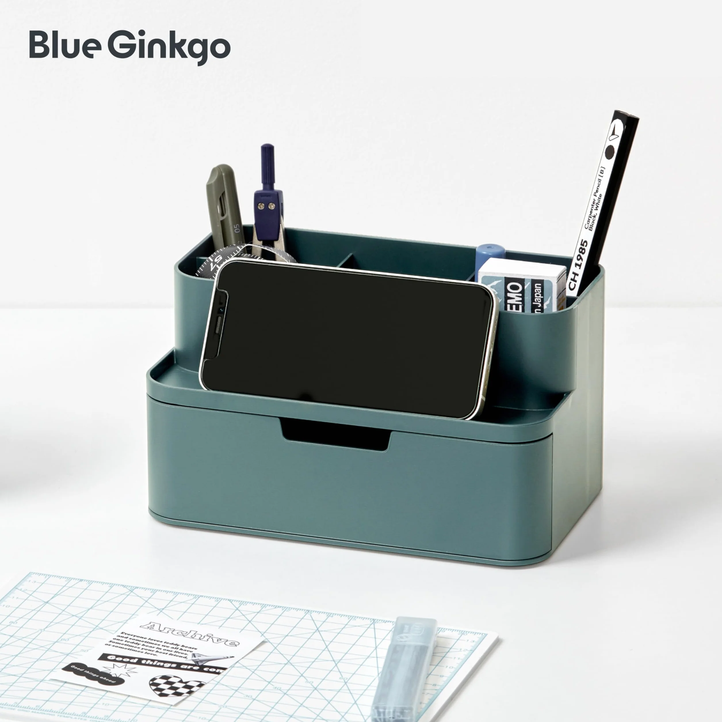 BLUE GINKGO Organizer Compatto da Scrivania 5 Scomparti Cassetto Parziale Verde Made in Korea