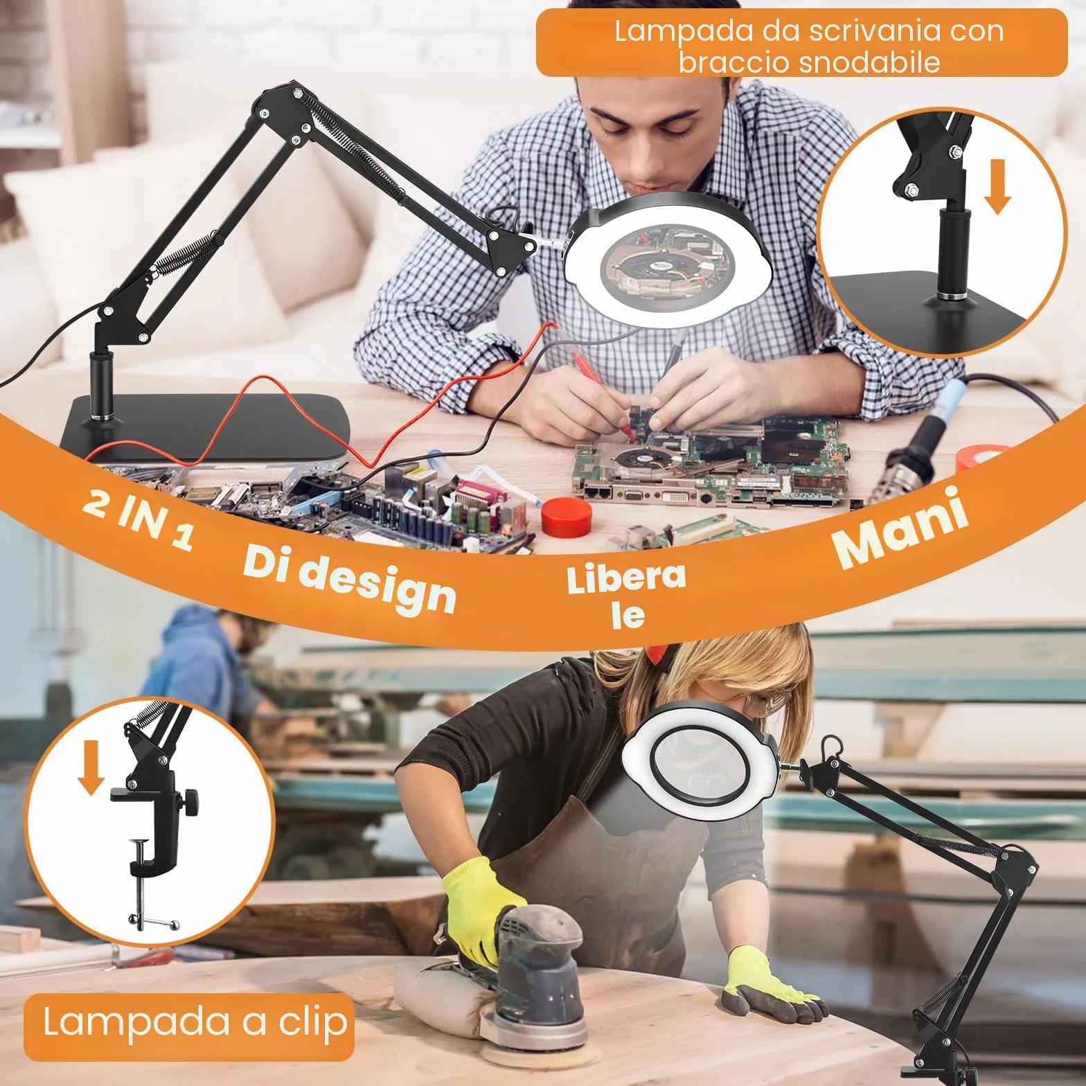 Lente d'ingrandimento con ingrandimento 15x, 5 temperature di colore e 10 livelli di luminosità, lente d'ingrandimento multifunzionale con bracci flessibili e testa Magnifying Glass