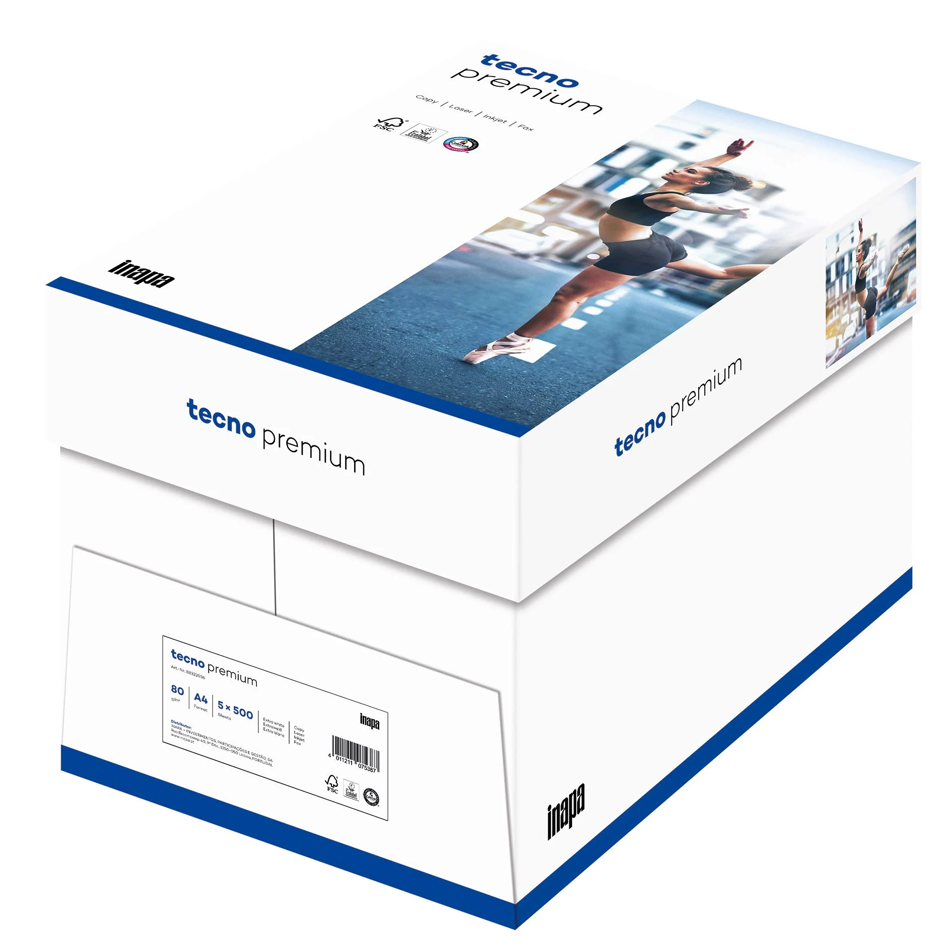 inapa tecno Premium - Carta per stampante/fotocopiatrice, 80 g/m², formato A4, 5 x 500 fogli, colore: Bianco