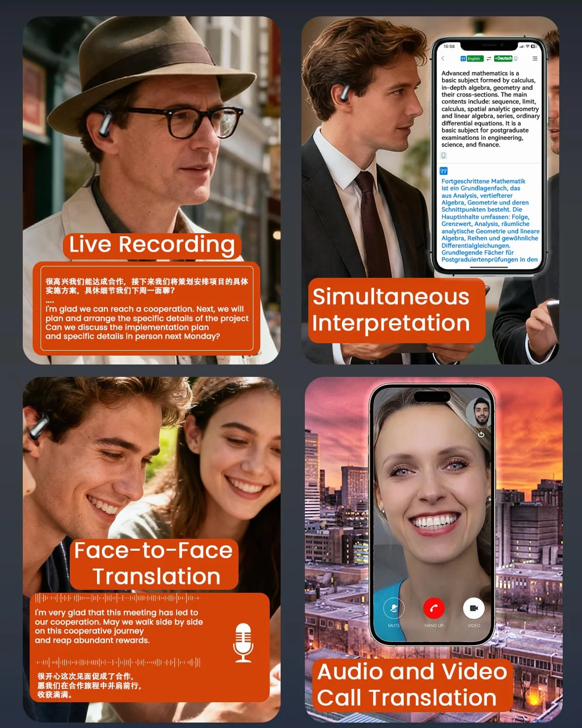 ANSTEN AI Cuffie Traduzione Simultanea, 4-in-1 Traduttore Vocale Istantaneo Multilingue 144 Lingue, 7 Modalità Traduzione, Codice di Autorizzazione Permanente, Cuffie Bluetooth per Viaggi/Affari