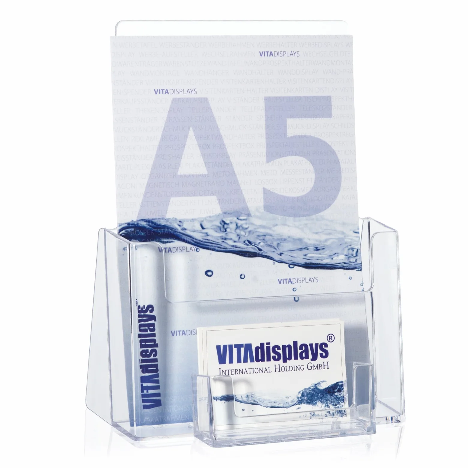 taymar LA-611 Espositore DIN A5 con scomparto biglietti da visita e porta opuscoli trasparente
