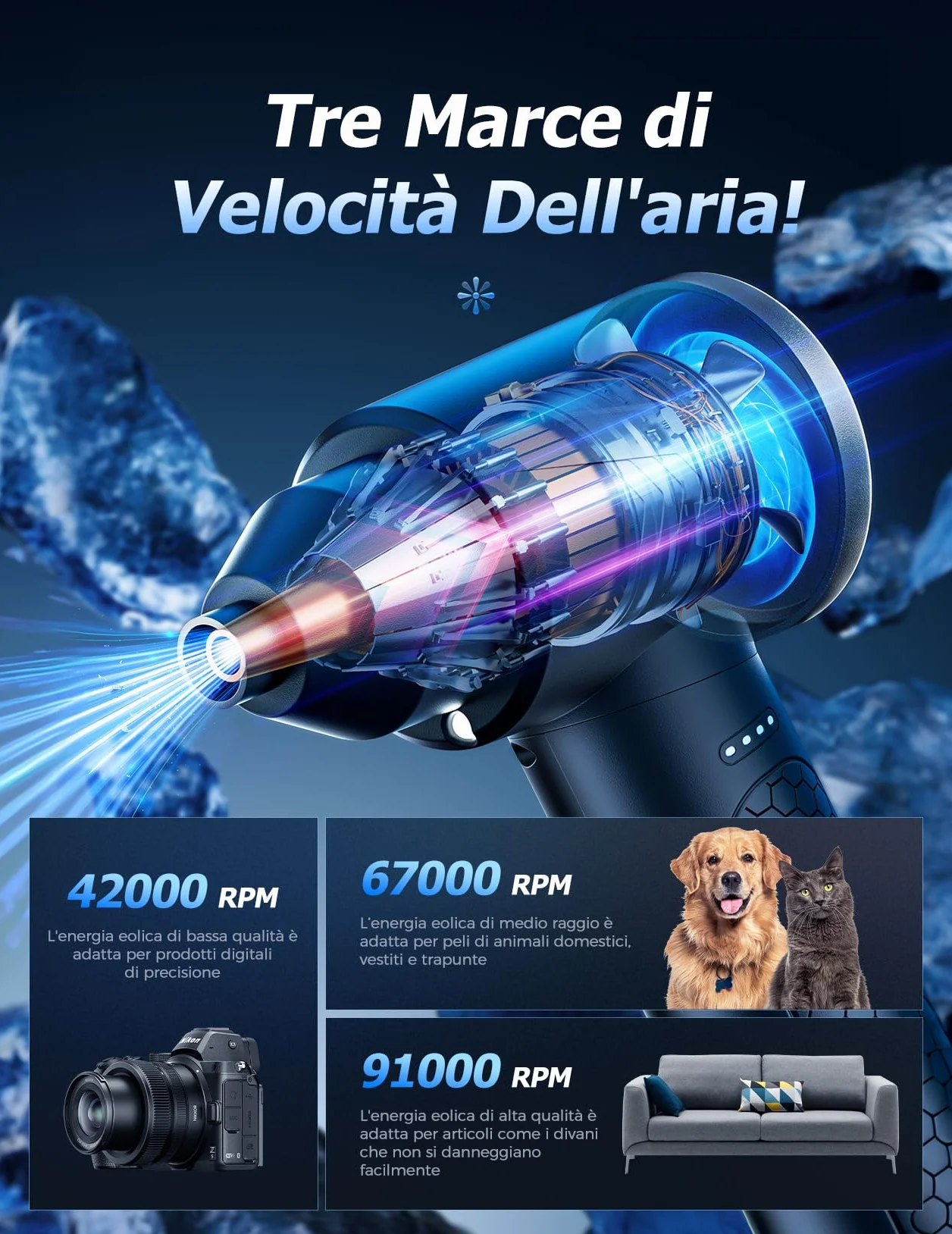 Aria Compressa Elettrico 3 Velocità con Luce LED, 100.000 Giri/Min, Batteria 9000 mAh, Kit Pulizia PC