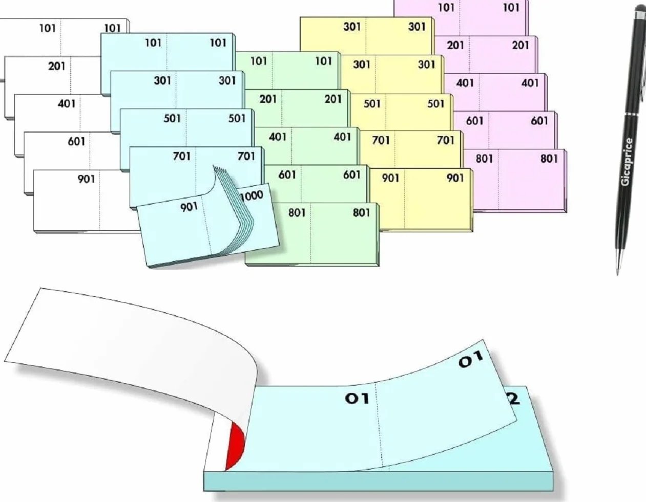 Blocchetti Numerati da 1 a 1000 13x6 cm Confezione 10 Blocchi Colorati Misti con Penna Touch