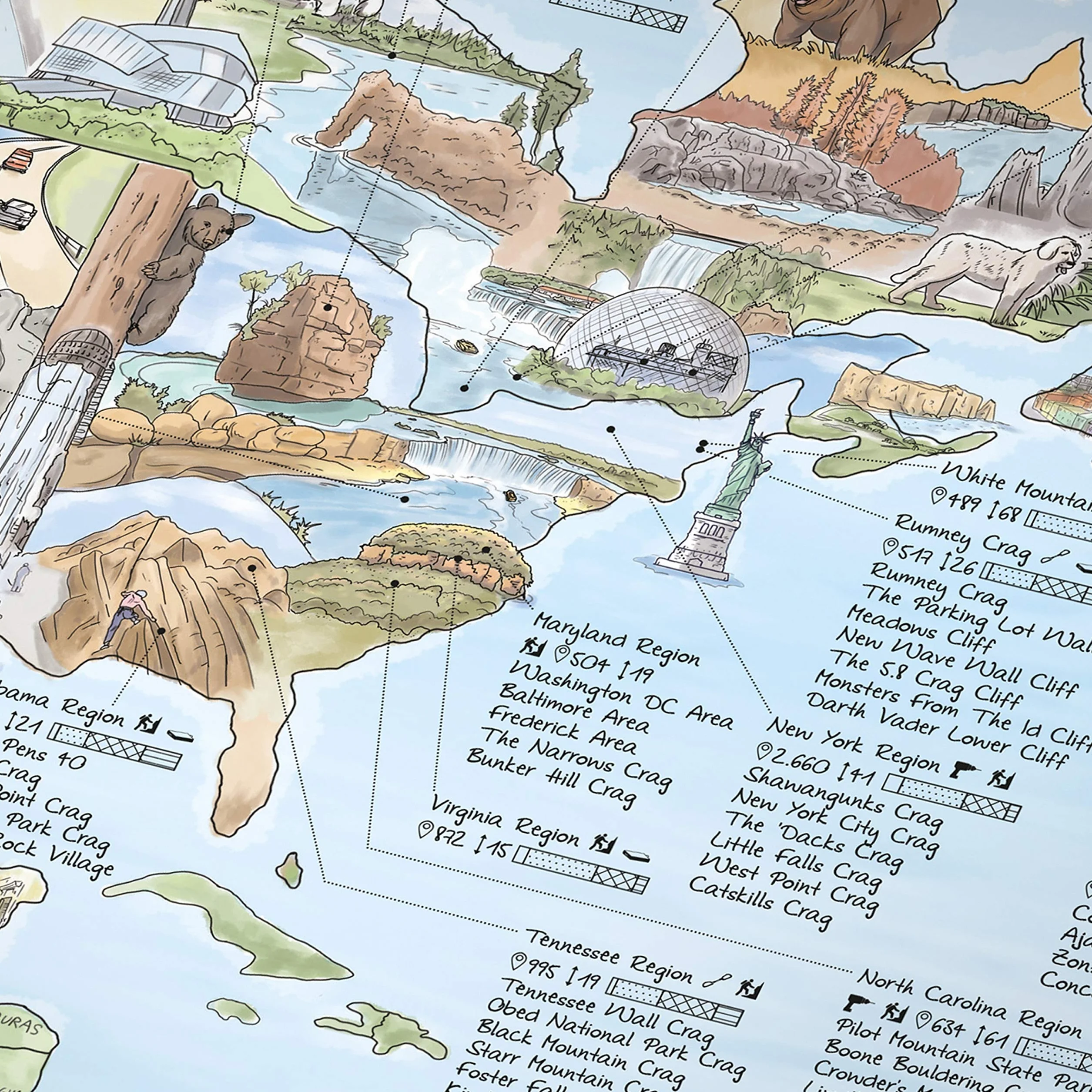 Climbing Map by Awesome Maps - Mappa del mondo illustrata per gli appassionati di arrampicata - riscrivibile - 97,5 x 56 cm