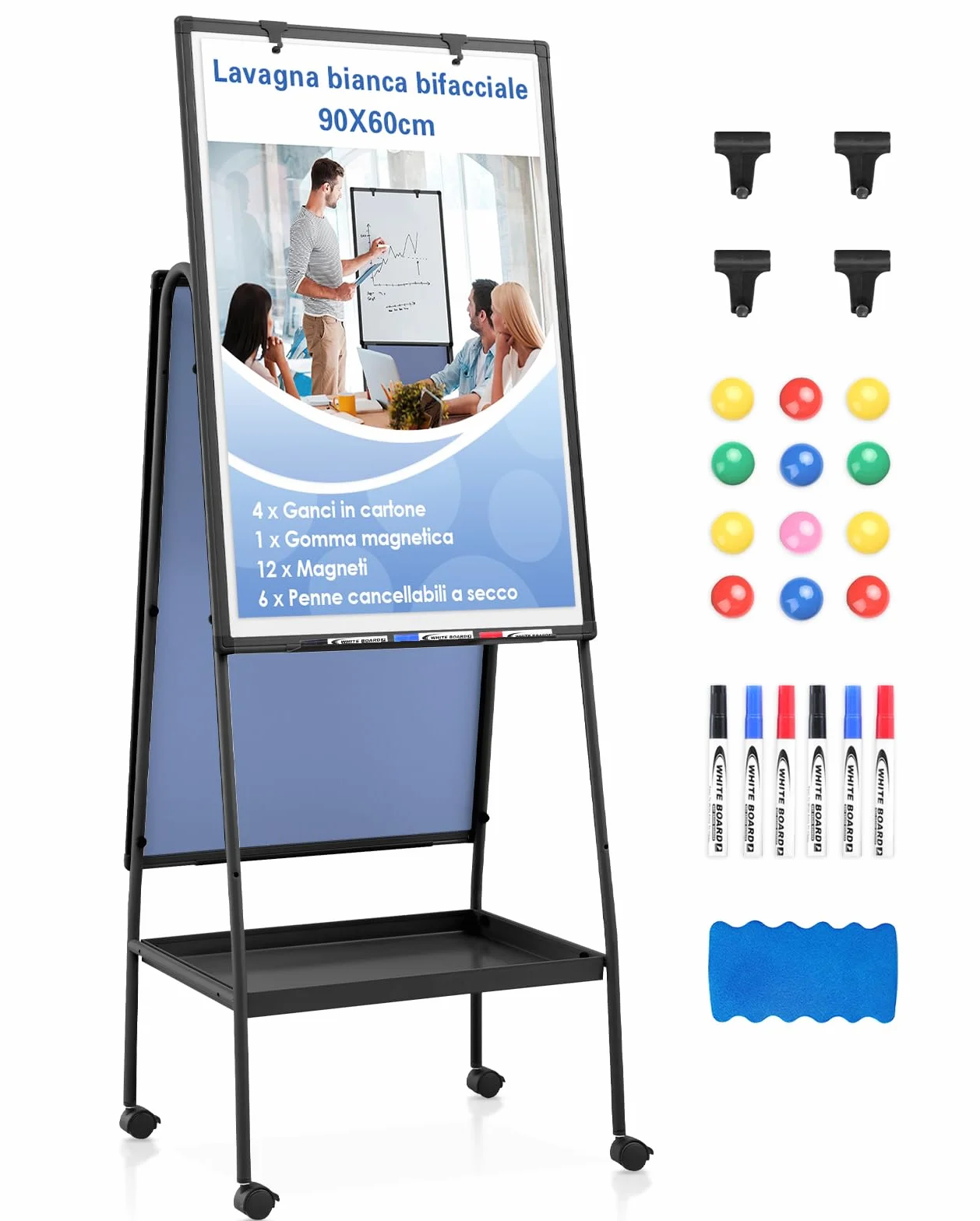 MAKELLO Lavagna Magnetica a Doppia Faccia Mobile con 4 Rotelle - Lavagna a Fogli Mobili, Struttura in Alluminio Nero Regolabile in Altezza, Stabile per Ufficio/Aula/Home Office