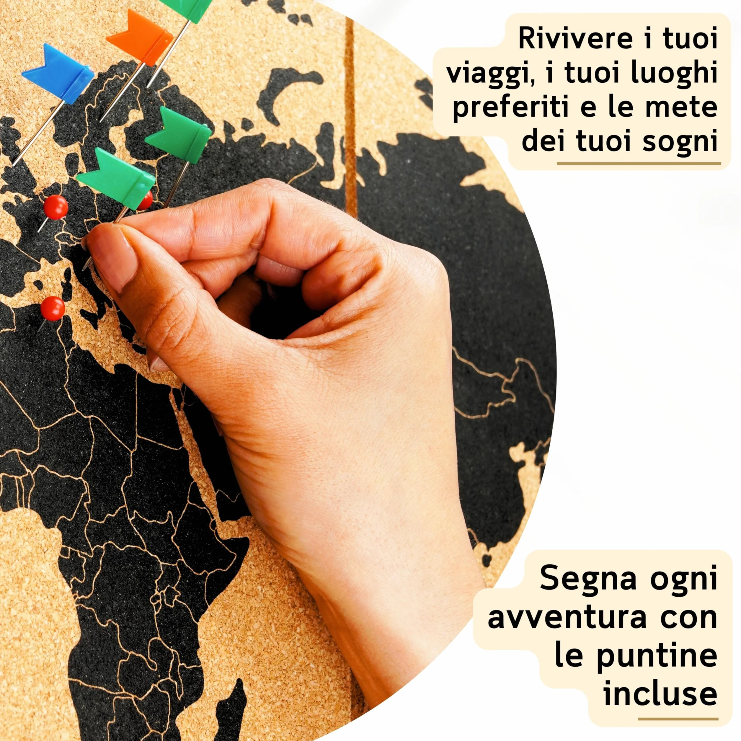 Mappamondo da Parete 90x45 cm – 6 Pannelli Autoadesivi in Sughero – Mappa del Mondo con Puntine – Planisfero Segna Viaggi – 60 Puntine Incluse