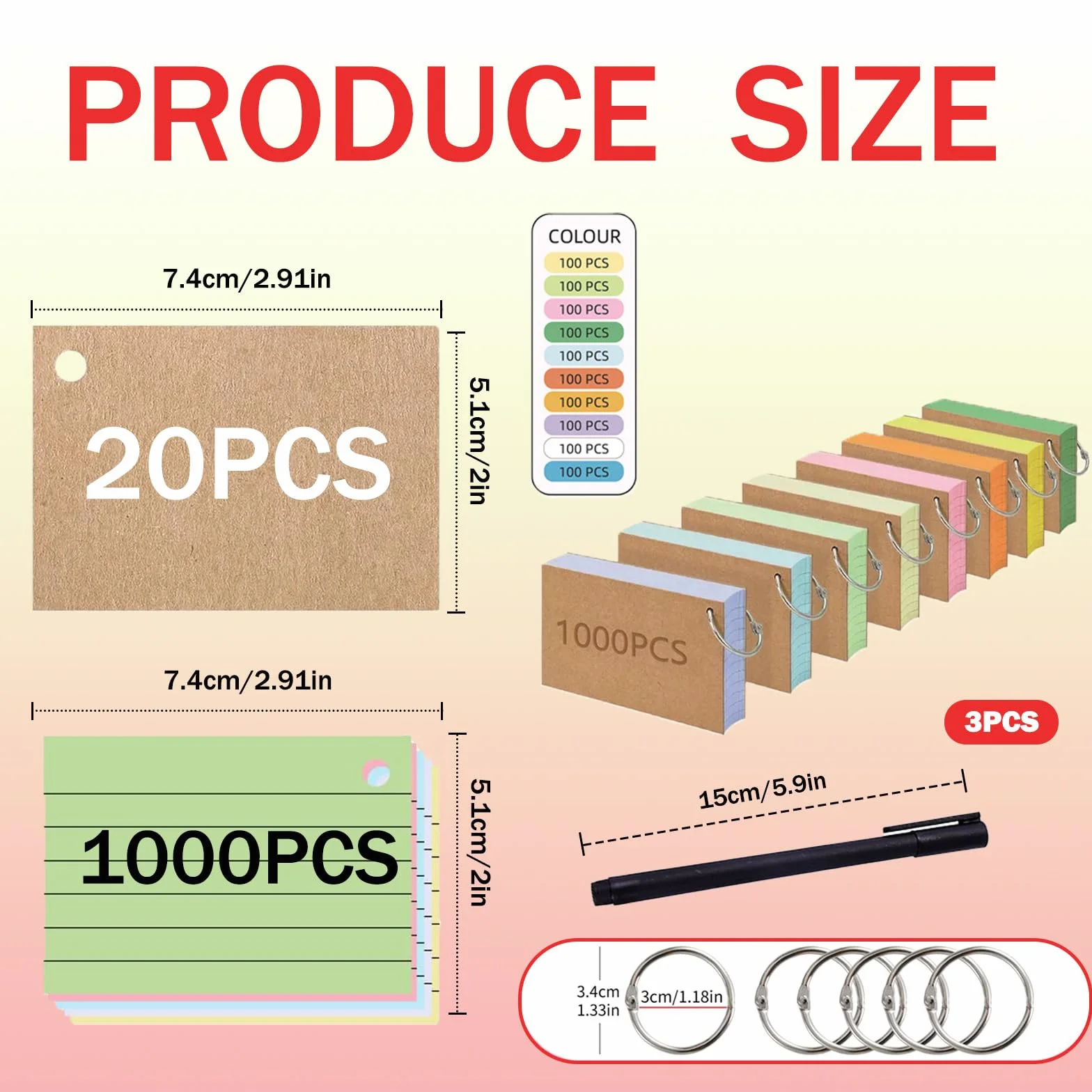 Flashcards A8 Cartoncini Colorati A Righe Con Penna 1000 Pezzi 10 Colori Per Apprendimento