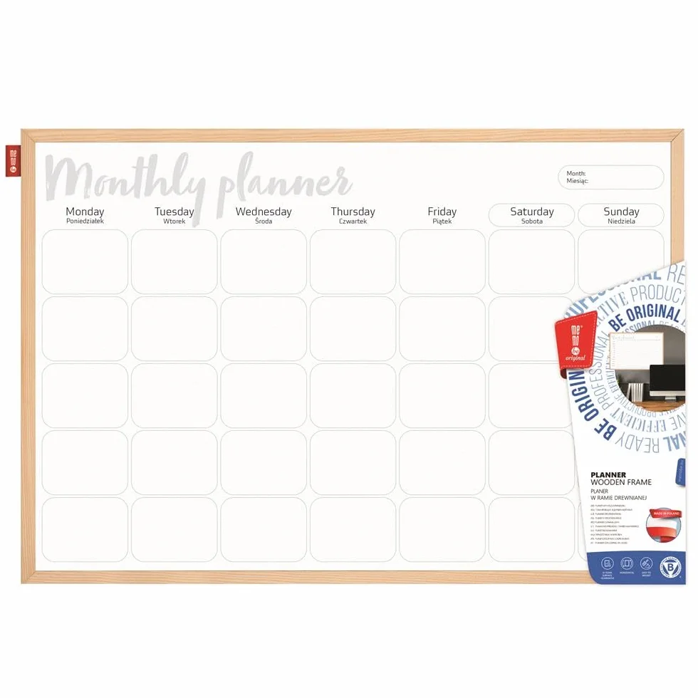 Memobe - Lavagna organizzativa - Agenda mensile - Lavagna bianca - Scrivibile e magnetica - Calendario da parete - Da appendere - Planner familiare - Bianco - con cornice in legno - 90 x 60 cm
