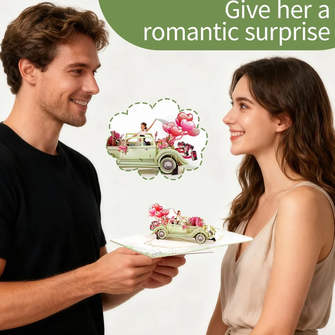 Biglietto Pop-Up 3D Auto Just Married per Matrimonio, Elegante Regalo Denaro per Nozze