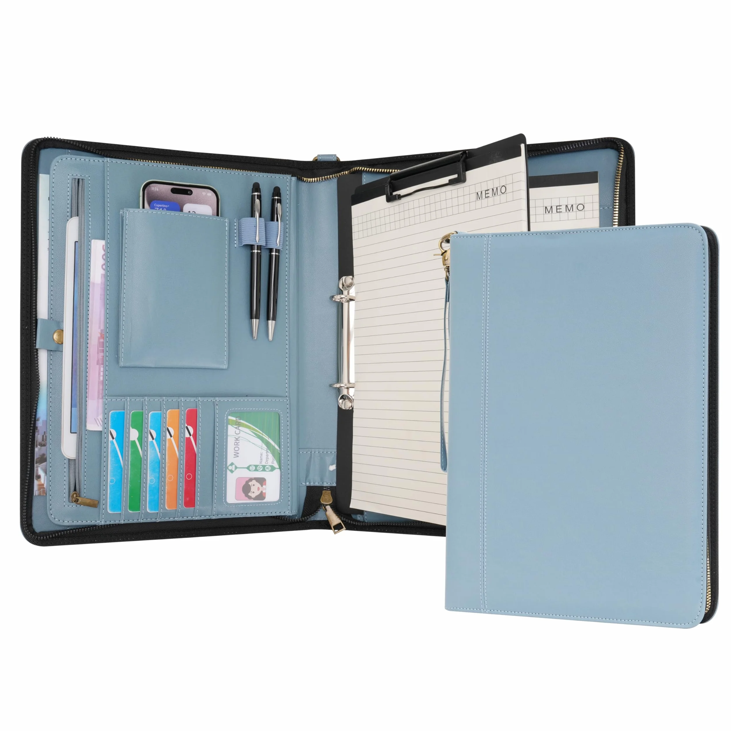 Wason Cartella A4 con Cerniera Portafoglio Pelle PU Raccoglitore Anelli Staccabile Supporto Blocco Note Organizzatore Ufficio Viaggi Scuola Blu nebbia