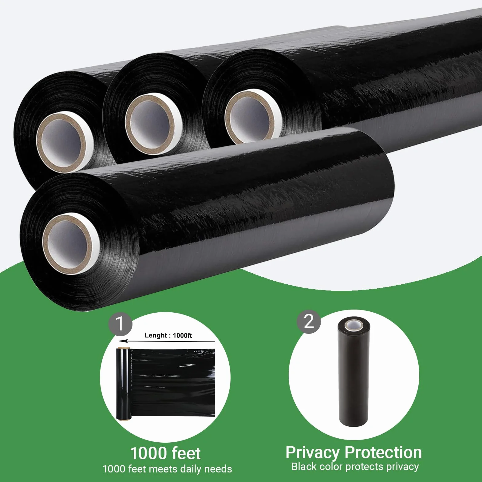 Pellicola estensibile nera per traslochi e imballaggi, 38,1 cm x 304,4 m, pellicola in plastica di protezione ad alta resistenza, 60 gauge (15μm) (4 rolle)