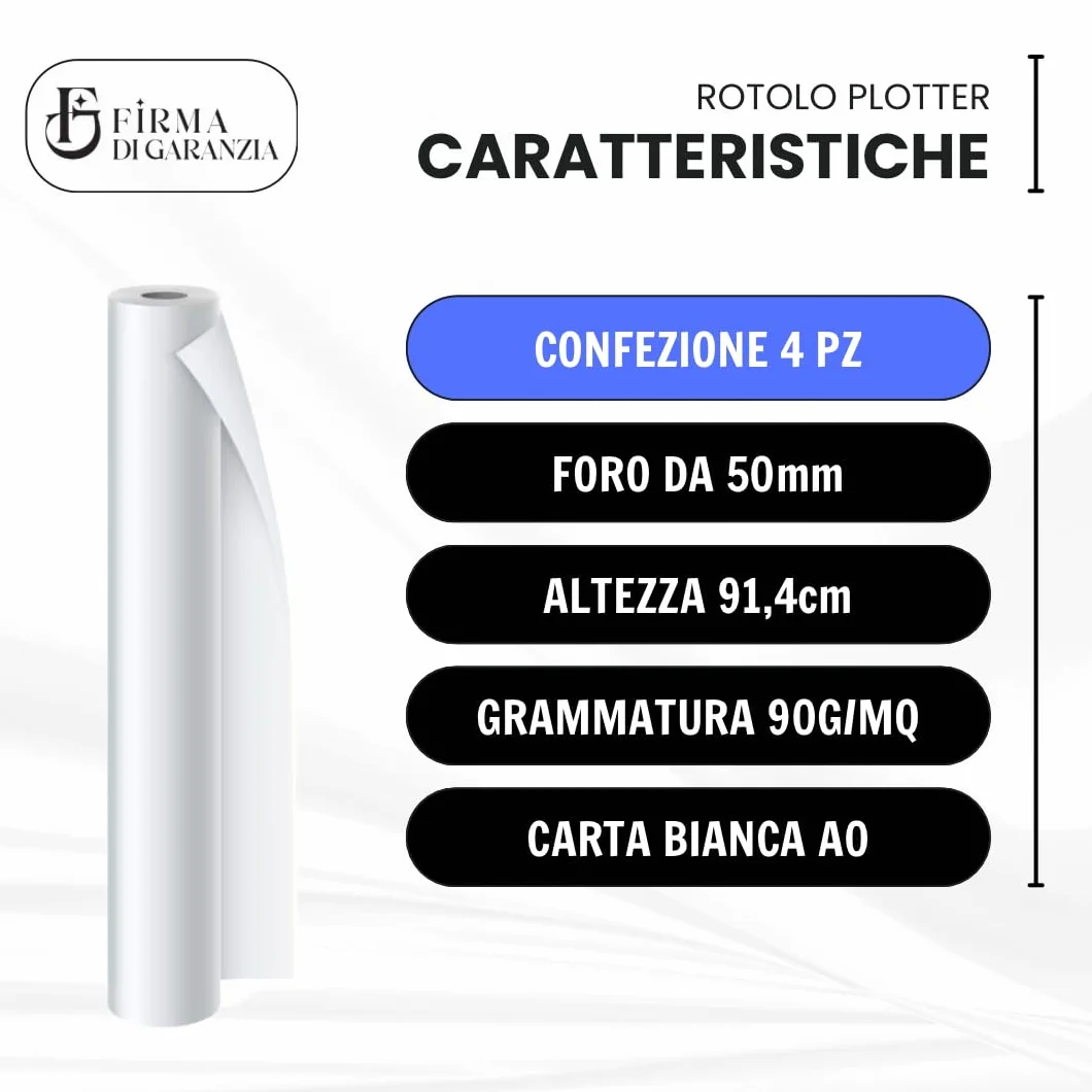 Rotoli Plotter 914mm x 50m 90 gr/mq Carta Bianca A0 Confezione 4 Pz Compatibili HP EPSON STYLUS