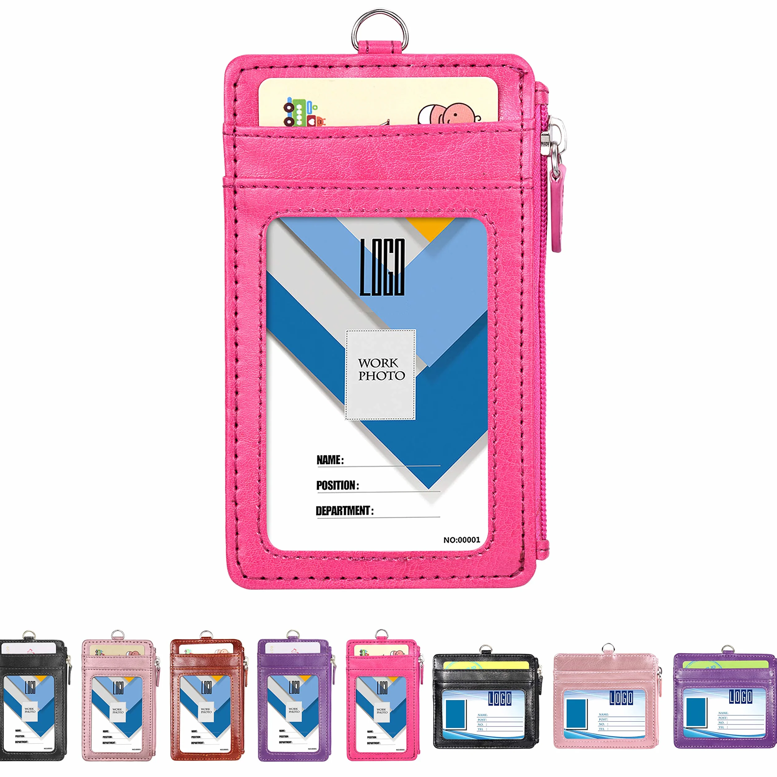 Wisdompro Porta Badge da Collo con Cerniera, 50 cm Portachiavi, 4 Slot, Finestra Trasparente, Rosa Caldo