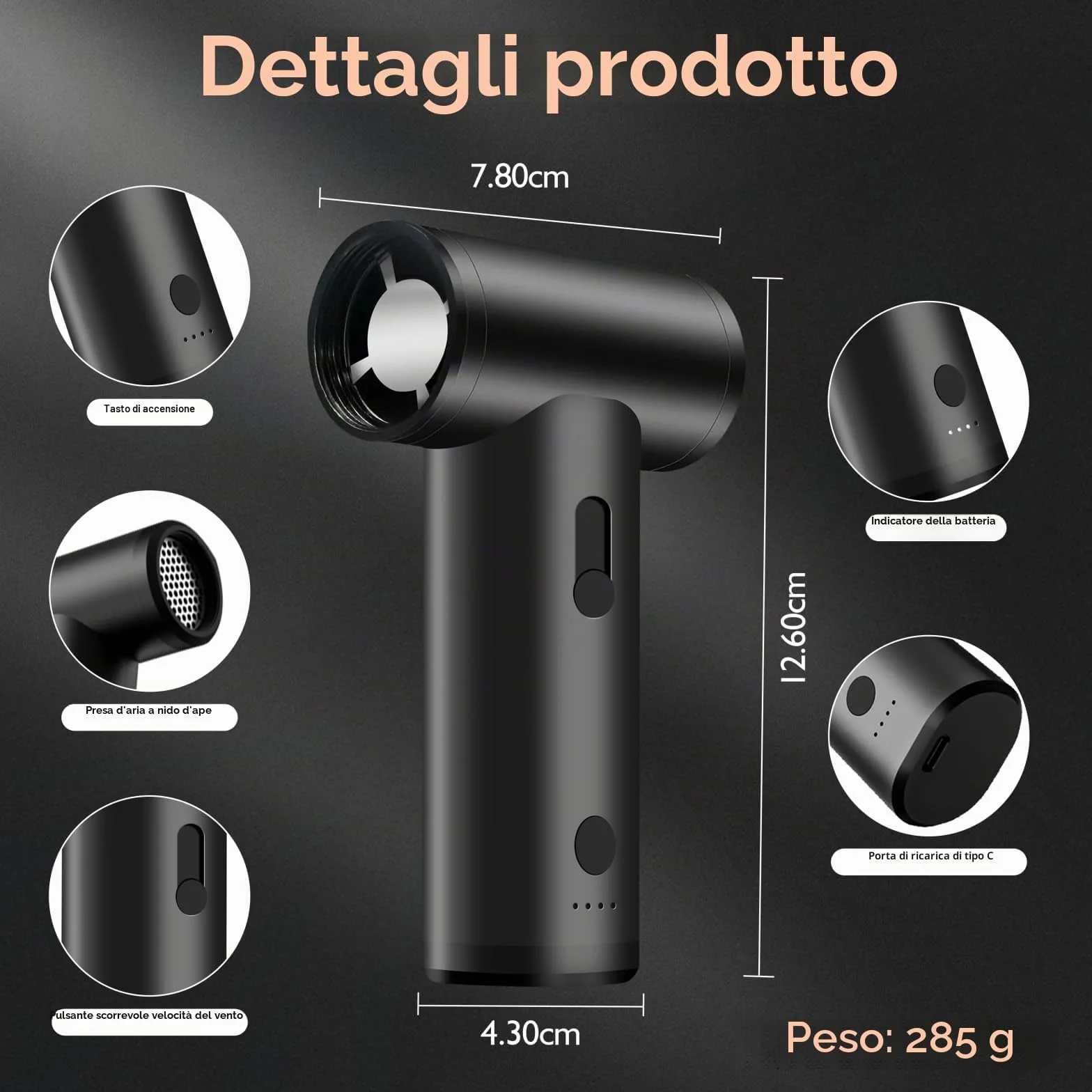 MERTTURM Soffiatore ad Aria Compresso Elettrico Portatile, Aspiraportatile-Velocità Regolabile, Motore Brushless Ricaricabile 120000RPM-Ventola Potente e Resistente per PC/Tastiere/Auto/Casa/Esterno