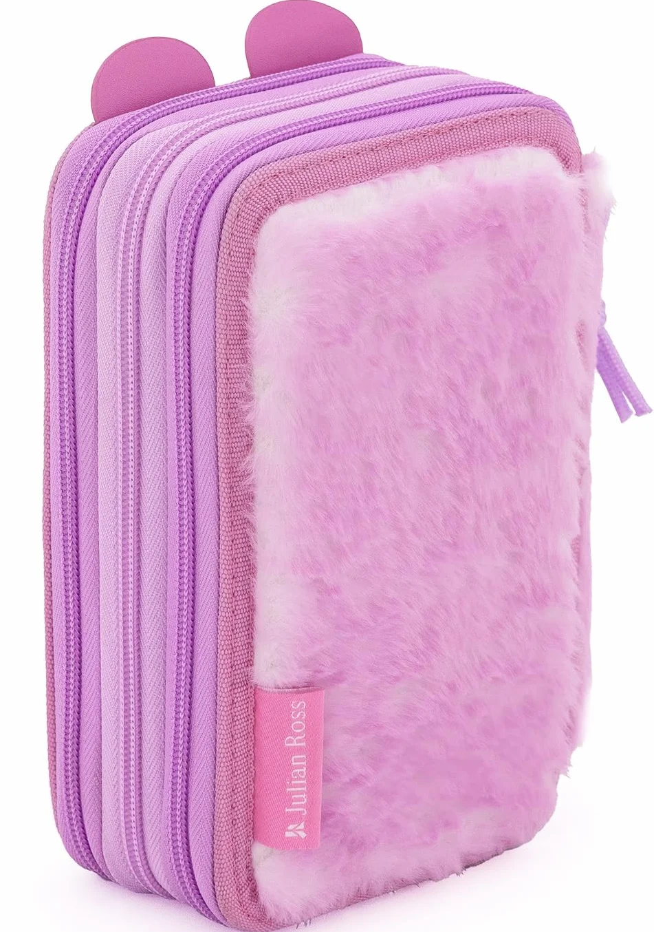 Julian Ross Astuccio 3 Scomparti Fluffy 45 Pezzi, Penne Gel Cancellabili, Colla, Forbici, Pastelli 4.0, 3 Zip, Bambina, Scuola, Orsetto Rosa