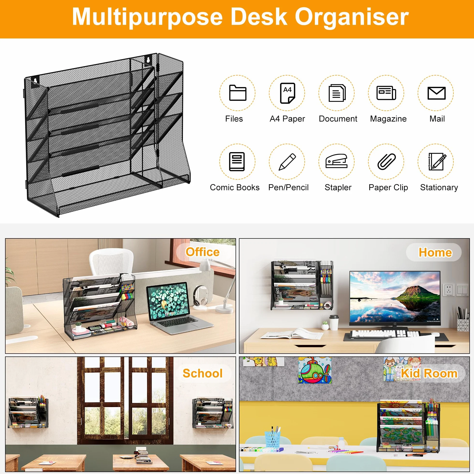 TQVAI 5 Ripiani Organizer Documenti Parete con 3 Scomparti Porta Penne Organizer Scrivania Metallo Portariviste Parete Scaffale per Documenti A4 Organizzatore Ufficio Casa, Nero