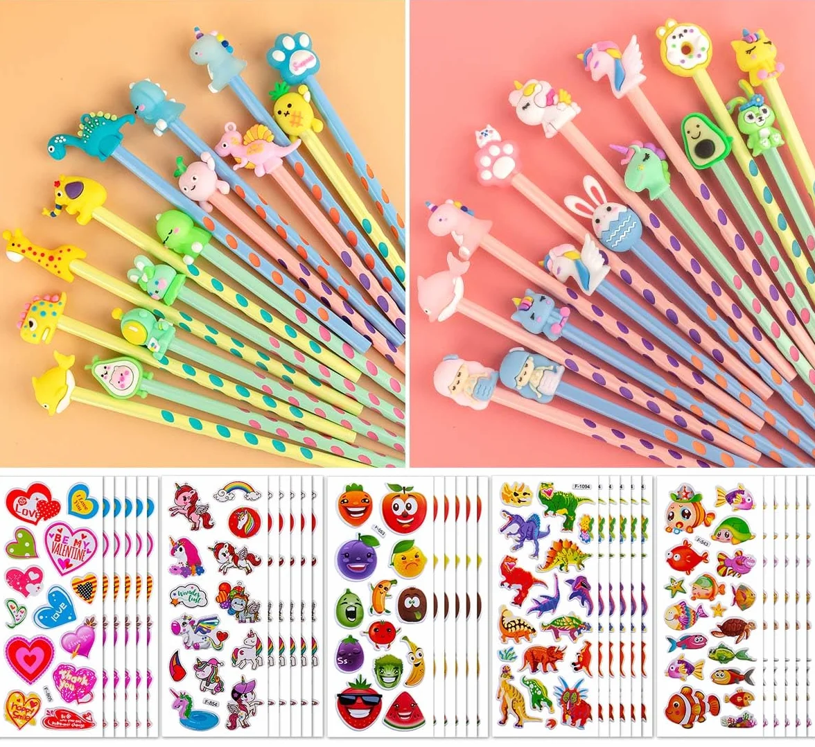 Matite Triangolare Animale 60 Set Compleanno Bambini con 30 Adesivi 3D