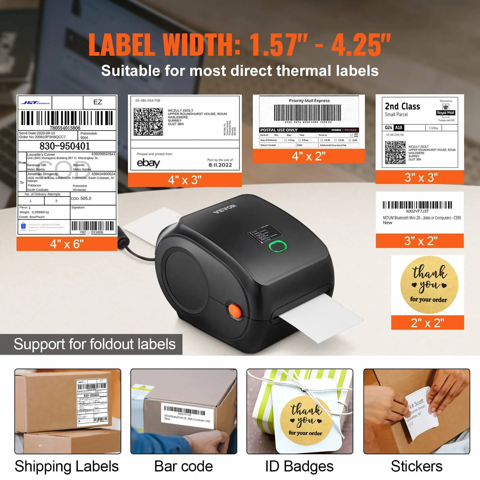 VEVOR Bluetooth Stampante Termica, Stampante per Etichette Edesive 4x6, Etichettatrice Termica Compatibile a Windows/MAC OS/Linux/Chromebook, Supporta DHL, USPS, FedEx, Shopify, Ebay, Amazon ecc.