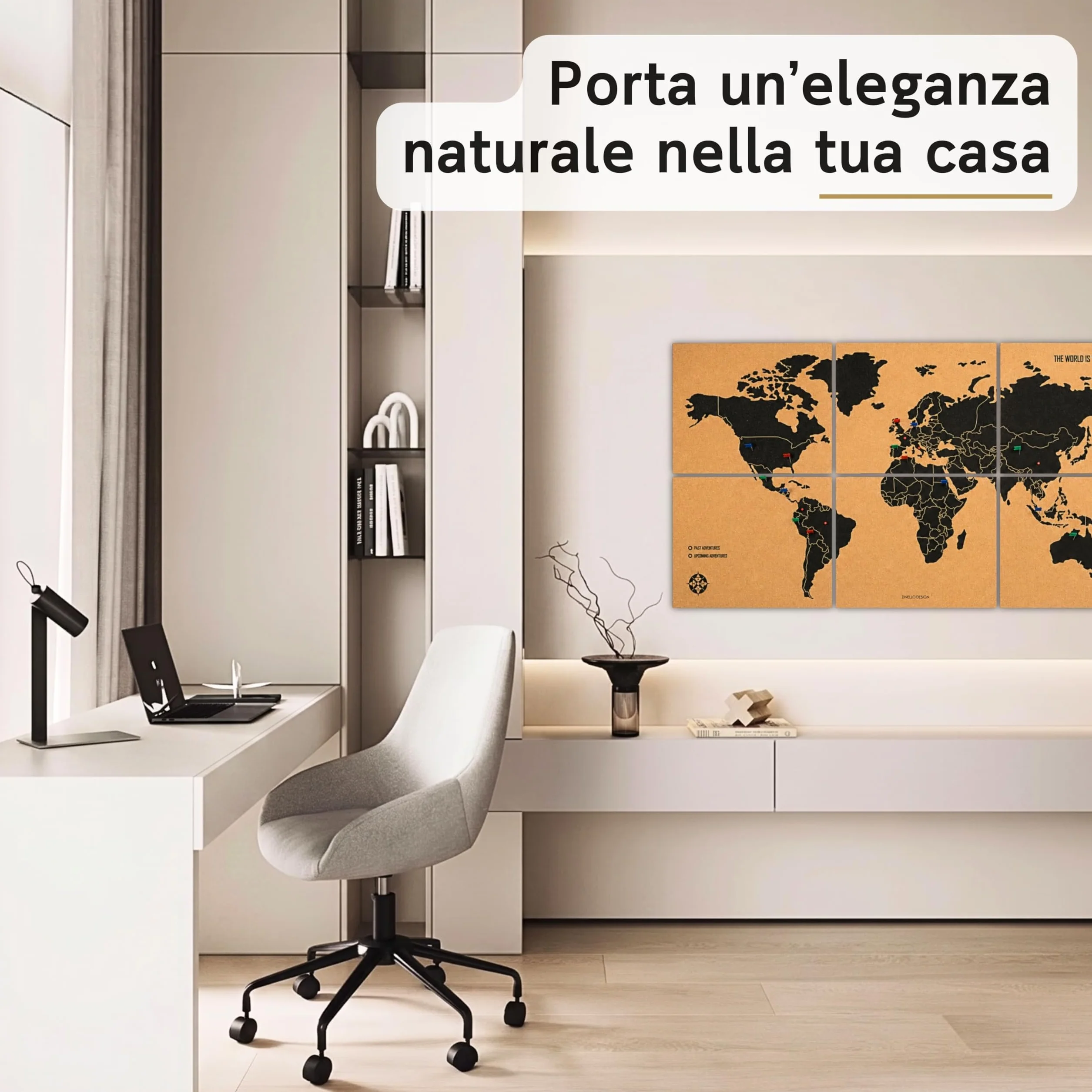 Mappamondo da Parete 90x45 cm – 6 Pannelli Autoadesivi in Sughero – Mappa del Mondo con Puntine – Planisfero Segna Viaggi – 60 Puntine Incluse