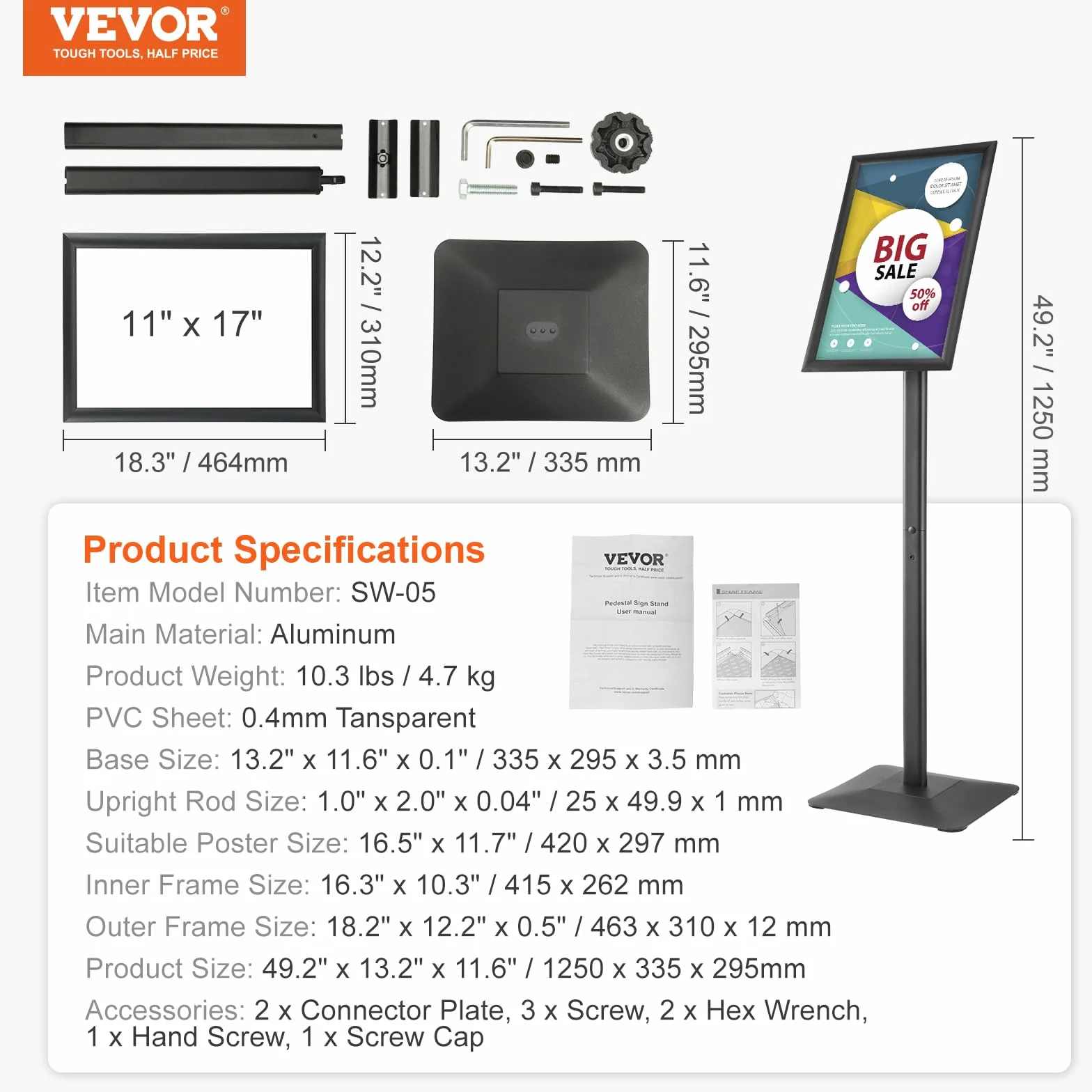 VEVOR Supporto per Insegne su Piedistallo 420 x 297 mm, Supporto per Poster Regolabile, Piedistallo Porta Insegne in Alluminio PVC da Pavimento per Eventi Matrimonio Festa Conferenza Interno Esterno