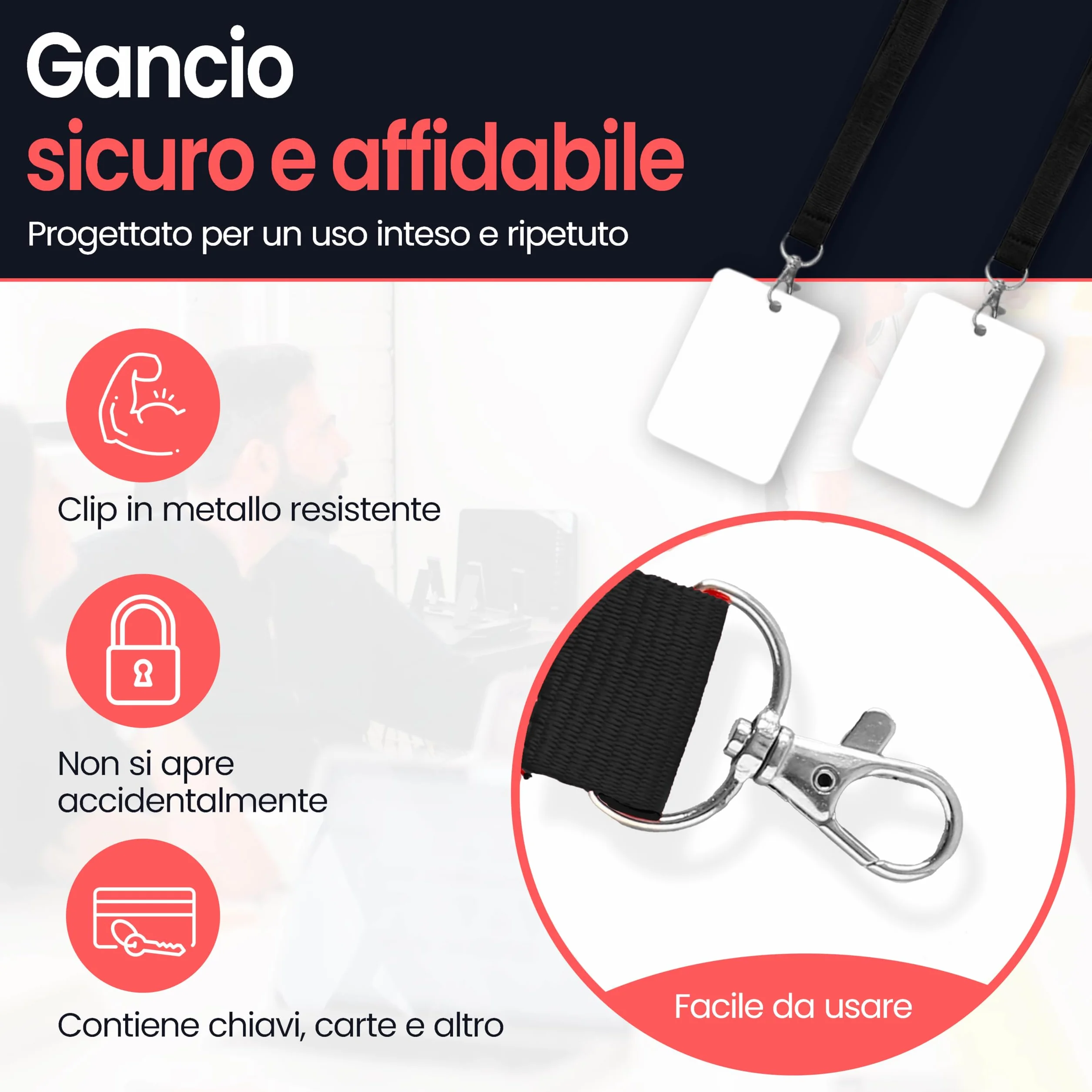 Porta Badge Da Collo Con Gancio In Metallo - Cordino In Poliestere 2cm x 46cm per Tessere, Chiavi, USB