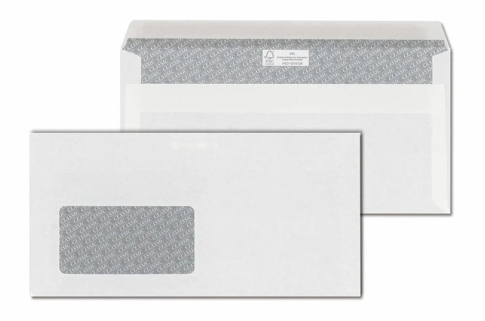 Buste DIN lungo (220 X 110 mm), con Finestra, autoadesivo, 72 G/MQ, 1.000 pezzi Pack/Piccola Confezione risparmio, colore: bianco, senza legno.
