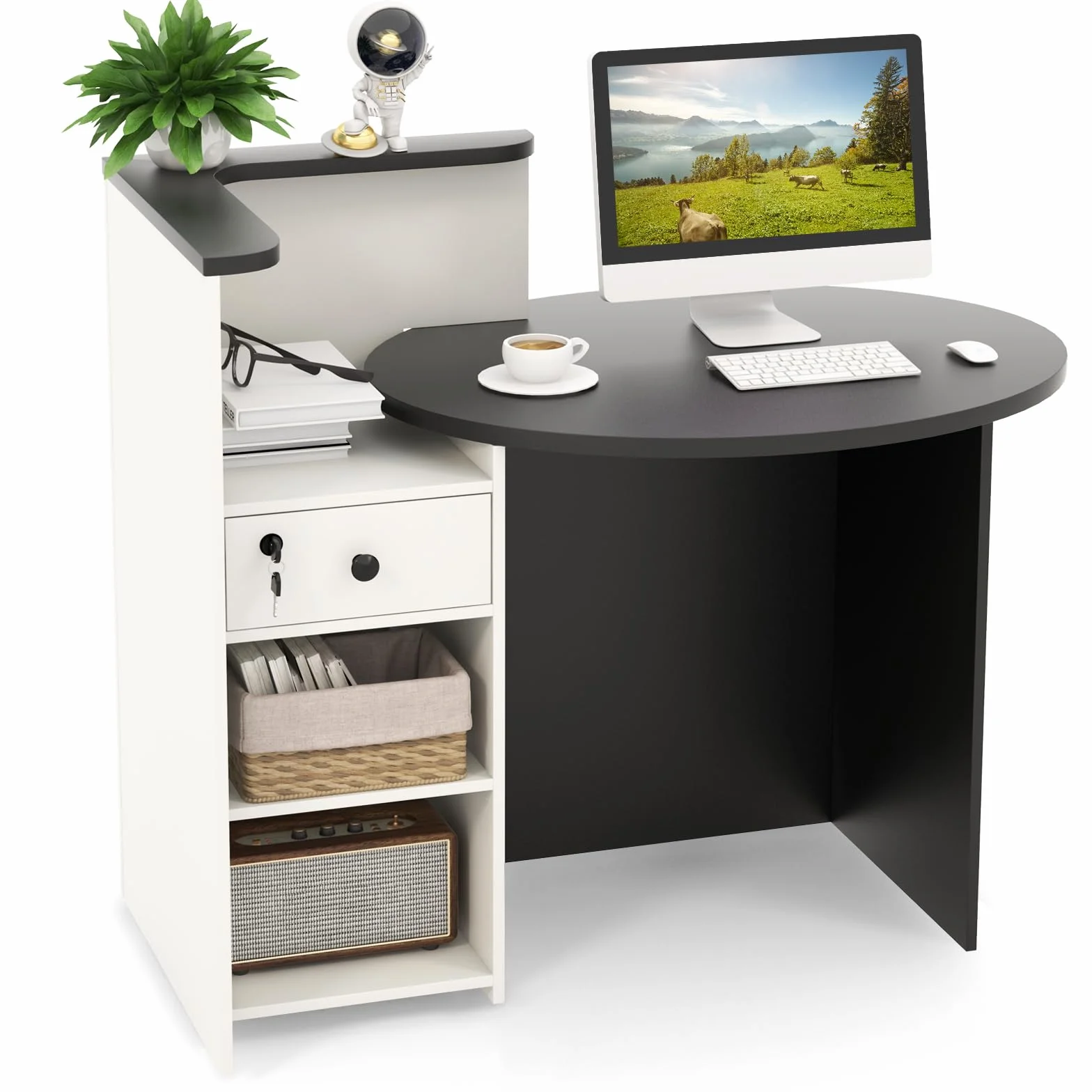 LIFEZEAL Bancone Reception Angolare, Banco, Scrivania, per Ufficio, Cassa Negozio, Estetica, Parrucchiere, Ovale e Rettangolare, con Cassetto con Serratura, Scomparti, Salvaspazio, Moderno, in Legno
