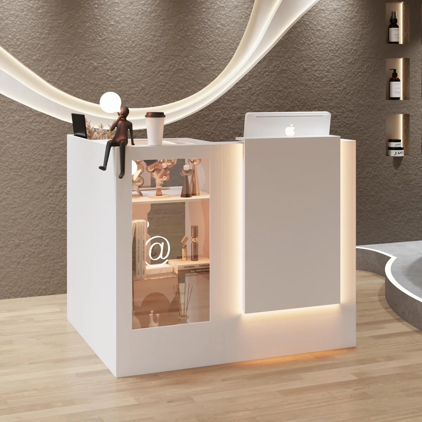 Tavolo di ricezione angolare con cassetto della tastiera, cassetta L con 3 luci colorate, bancone con vetrina in vetro, tavolo reception, bancone