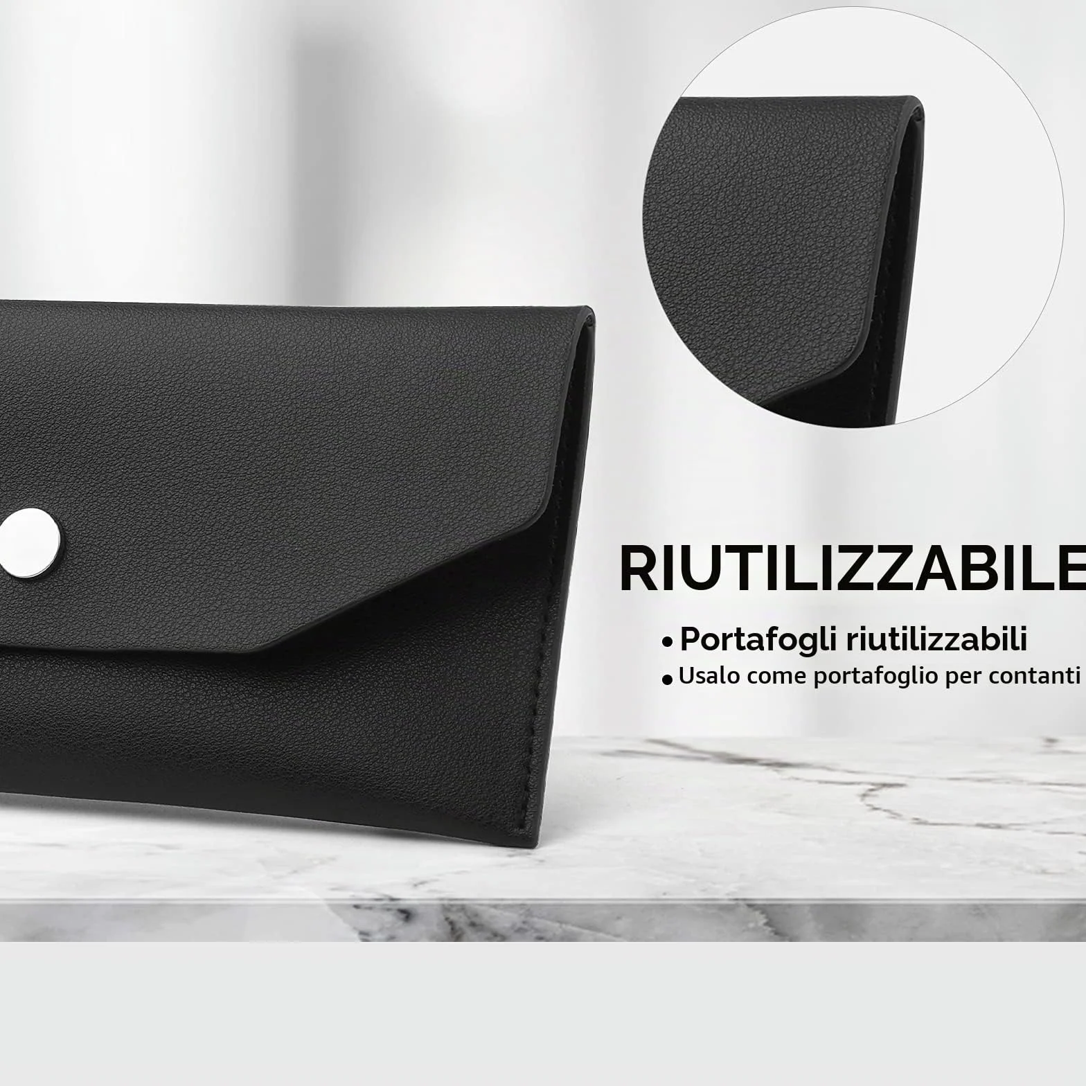 Molain Portafoglio in pelle PU con busta per contanti 7,2 x 3,6 pollici Nero
