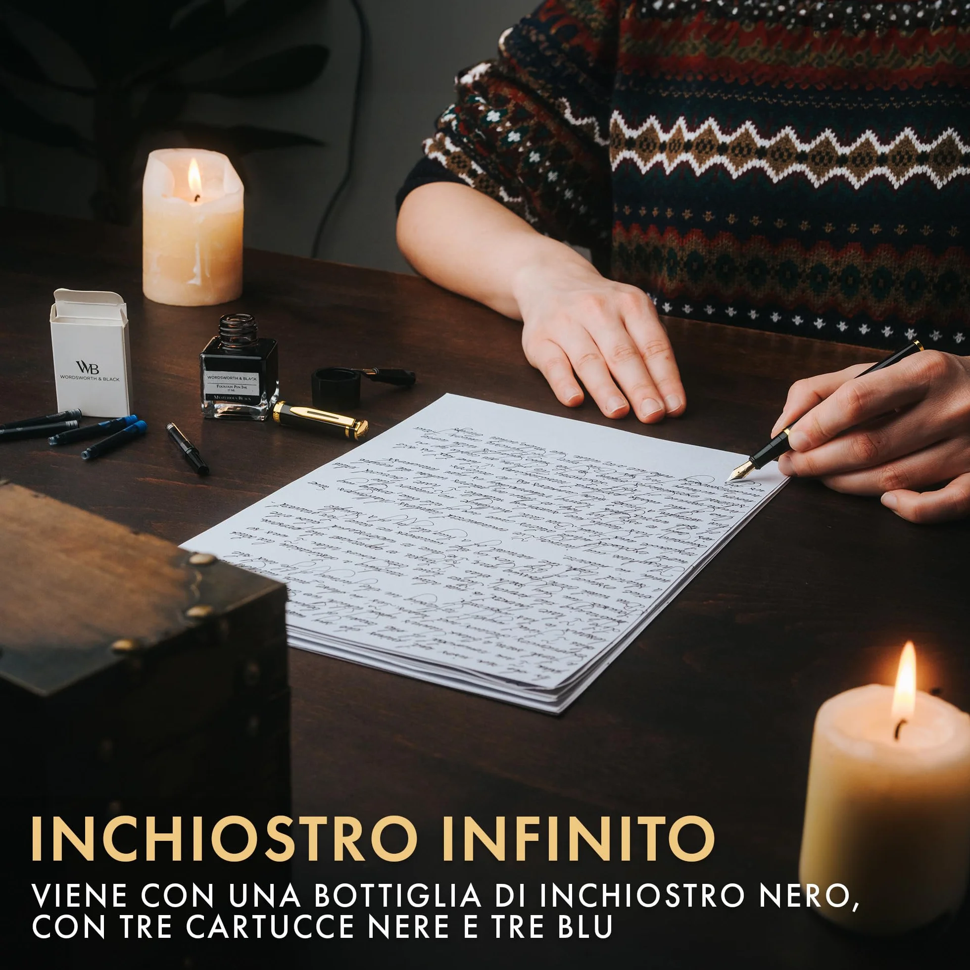 Wordsworth & Black Set di Penne Stilografiche, Pennino Medio e Extra Fine 18K Oro, Bottiglia Inchiostro Nero 25ML, 6 Cartucce, Convertitore, Confezione Regalo – [Nero Oro], Set per Uomini e Donne.