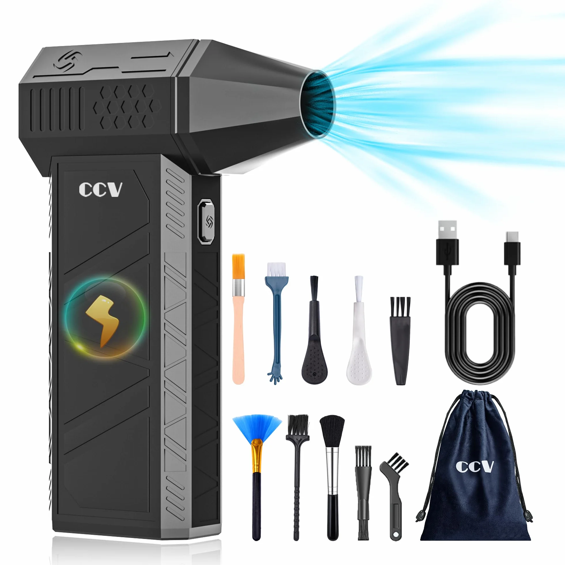 CCV Soffiatore Aria Compressa - 150000RPM Spolverino ad aria compressa la pulizia di tastiera e PC 3 ingranaggi regolabile Cordless Jet Dry Blower soffiatore d'aria per auto e casa (ferroso)