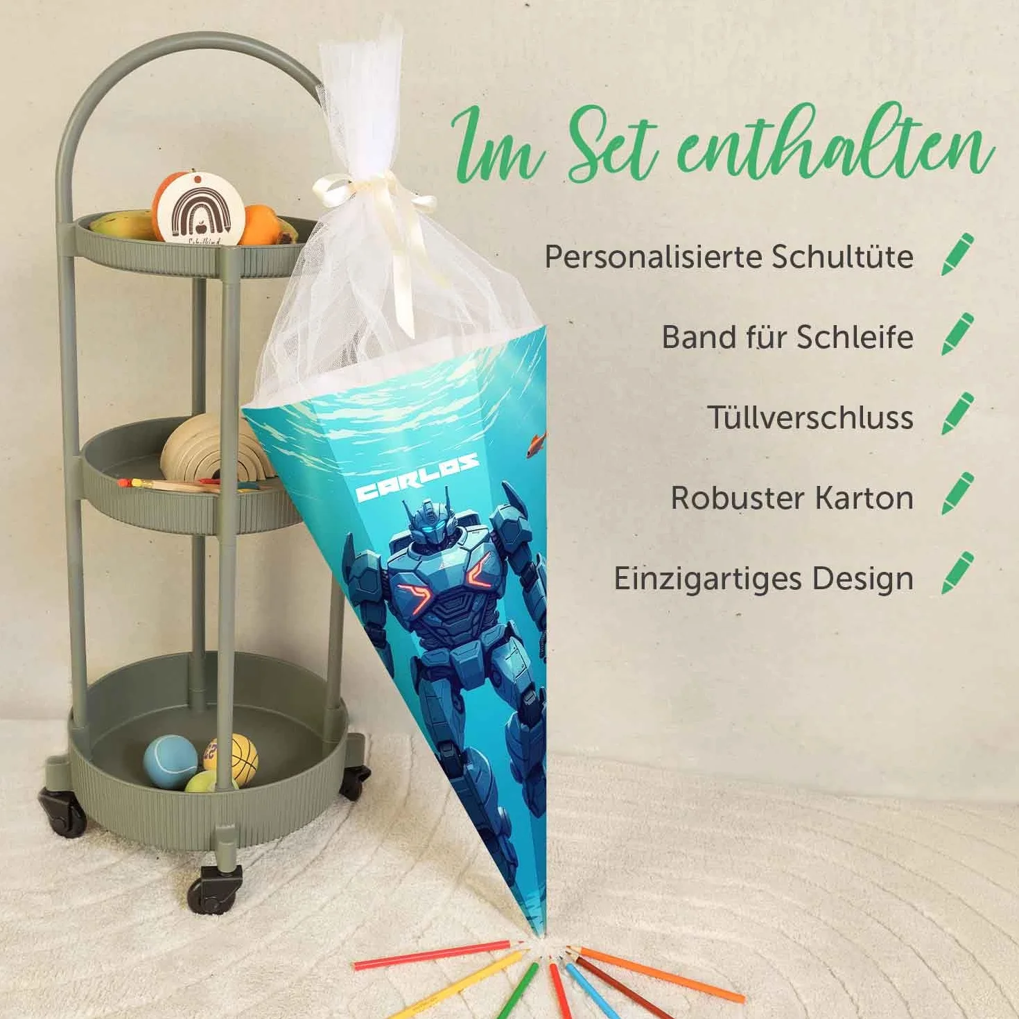 Personalizowany worek szkolny Robot 61 cm z tiulem