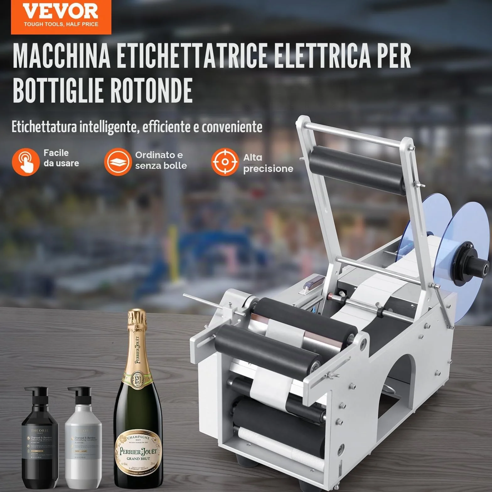 VEVOR Etichettatrice Semiautomatica per Bottiglia Rotonda, 20-50Pezzi/min, Applicatore di Etichette, Etichettatrice Regolabile Adatta per Bottiglie Larghezza Etichetta tra 13-150mm Lunghezza 25-300mm