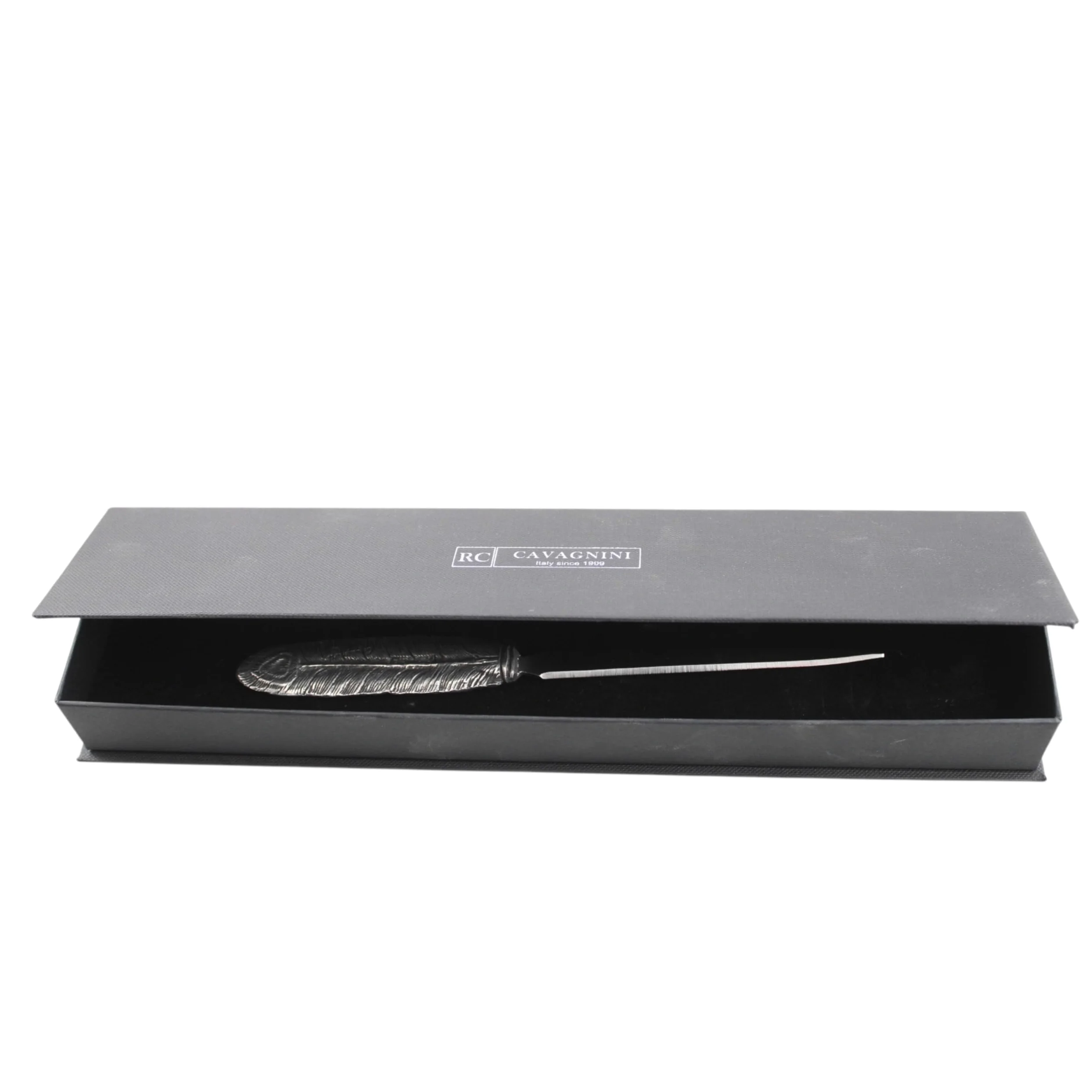 Cavagnini, Apribuste tagliacarte elegante, in acciaio inox e peltro. Confezione regalo inclusa. (Piuma)