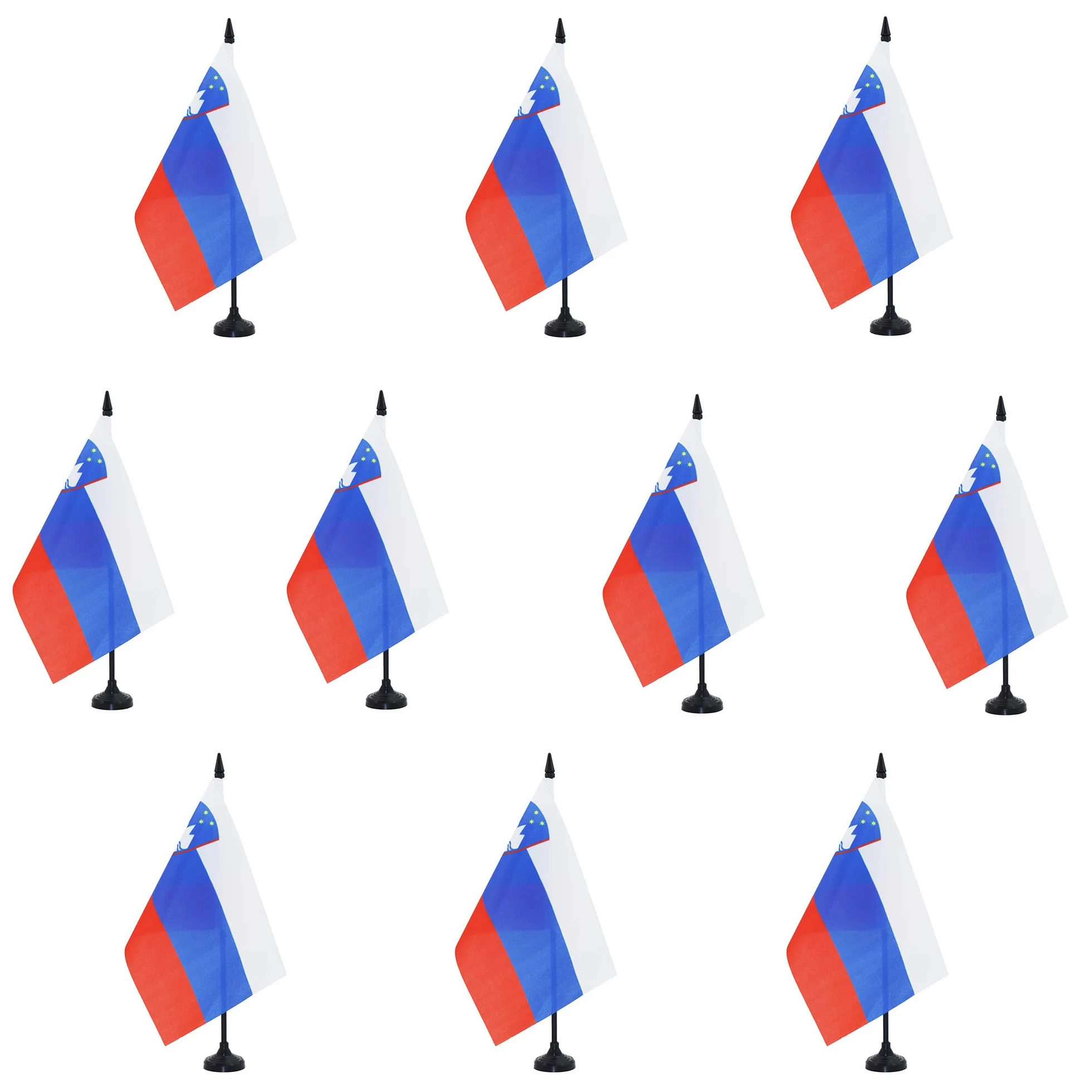 AZ FLAG - Set di 10 bandiere da tavolo Slovenia, 21 x 14 cm, 10 piccole bandiere slovene da ufficio, 100% poliestere, con asta da 25 cm, base in plastica nera