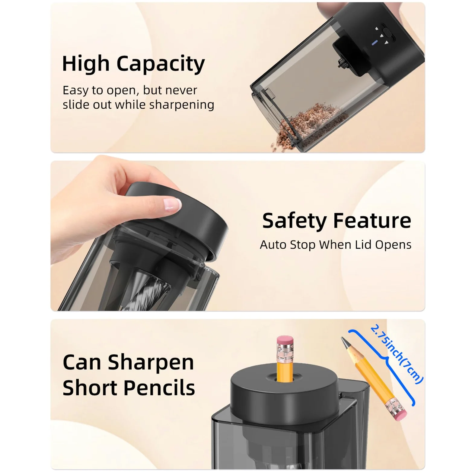 Temperamatite elettrico, strumento da disegno senza fili, batteria ricaricabile da 1800 mAh, 6-12 mm di scrittura, stecche luminose a LED, corpo compatto, alimentazione a batteria temperamatite
